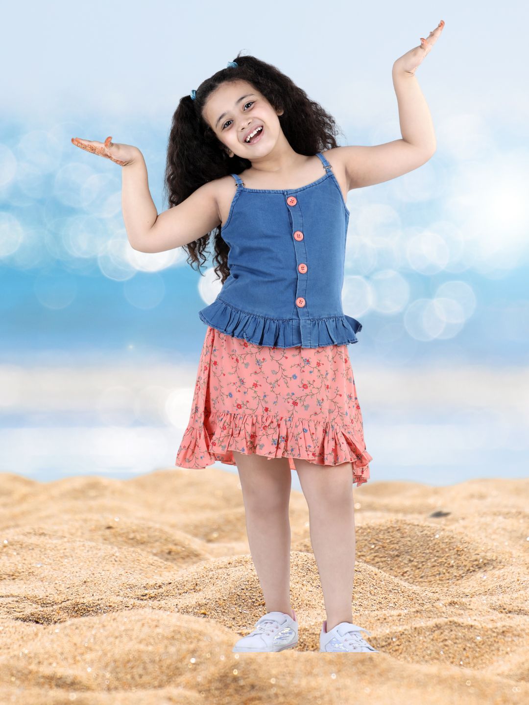 Girls Peach Solid Denim Top & Bottom Set for Kids