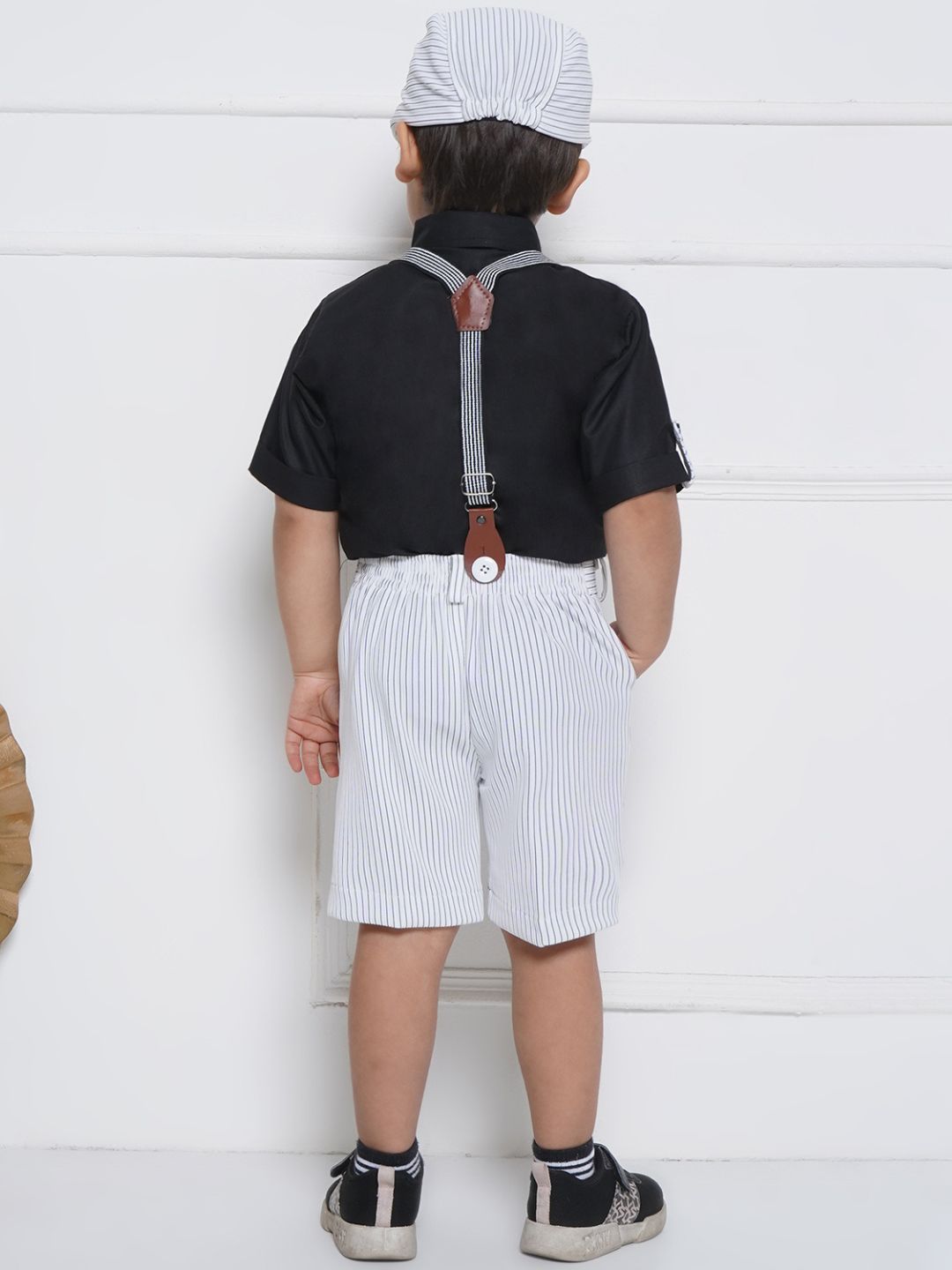 Boys Black Cotton Shirt & Shorts Set  with Suspenders, Bow Tie & Cap for Kids