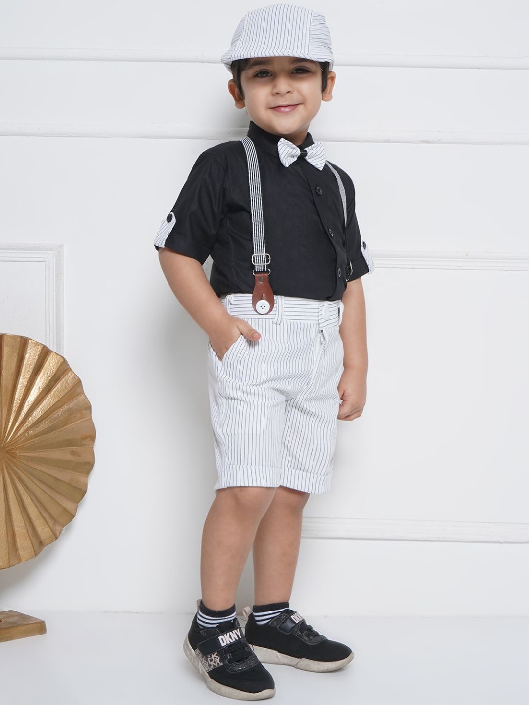 Boys Black Cotton Shirt & Shorts Set  with Suspenders, Bow Tie & Cap for Kids