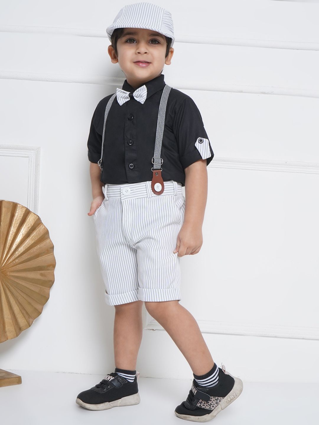 Boys Black Cotton Shirt & Shorts Set  with Suspenders, Bow Tie & Cap for Kids