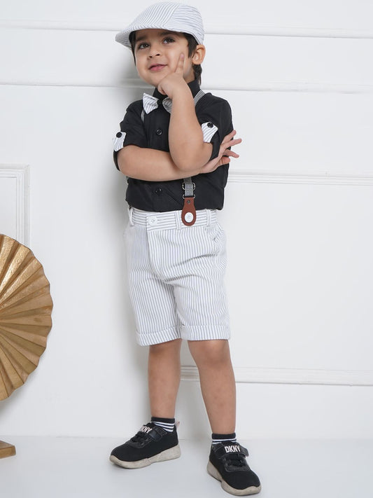 Boys Black Cotton Shirt & Shorts Set  with Suspenders, Bow Tie & Cap for Kids