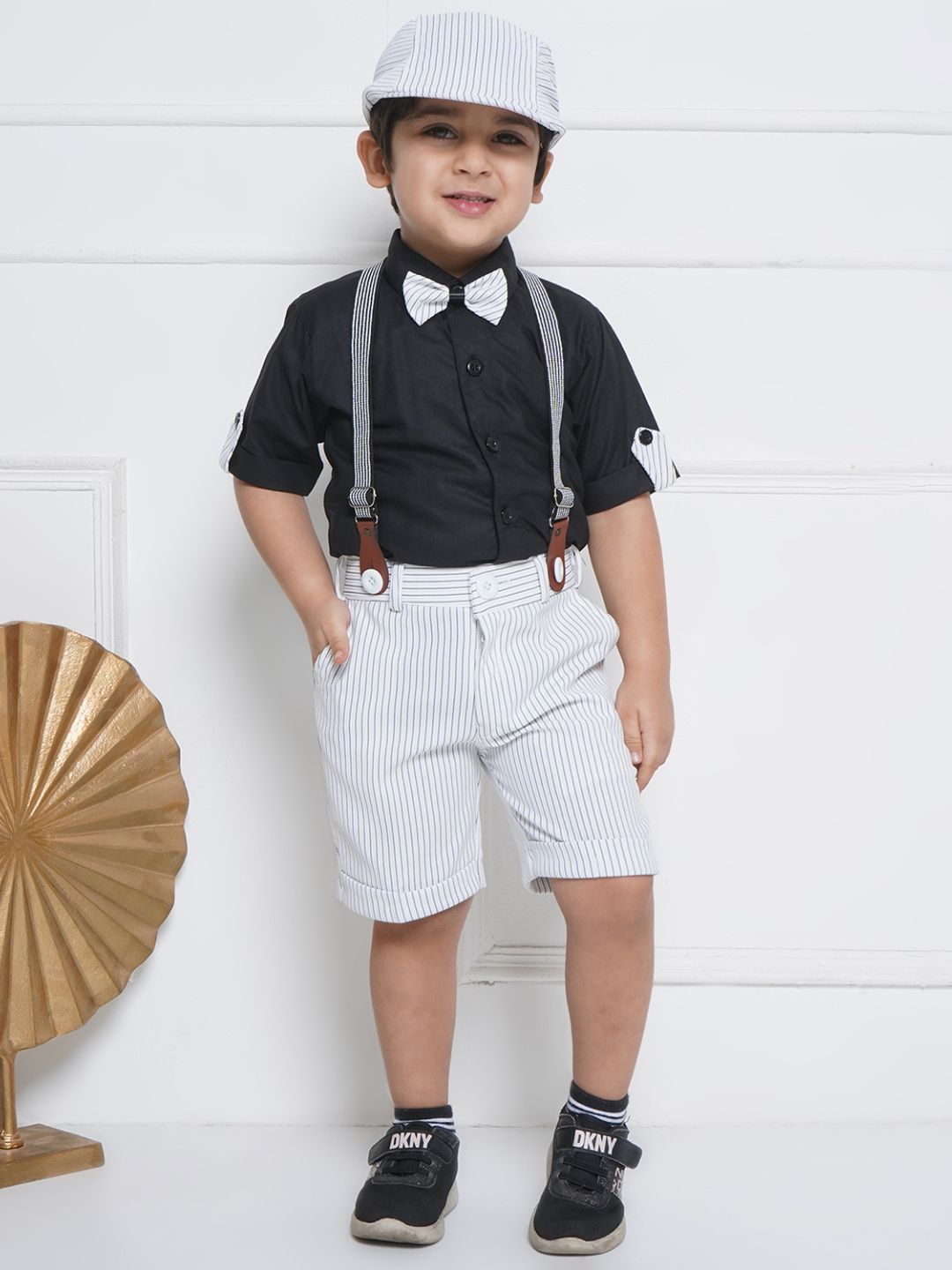 Boys Black Cotton Shirt & Shorts Set  with Suspenders, Bow Tie & Cap for Kids
