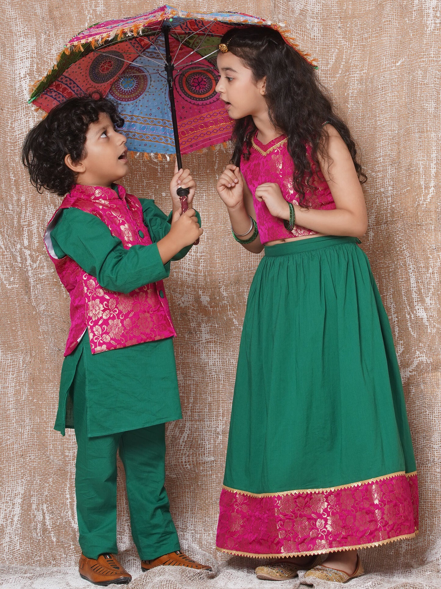 Boys Kurta Pyjamas with Waistcoat and Girls Lehenga Choli Sibling Sets-Green