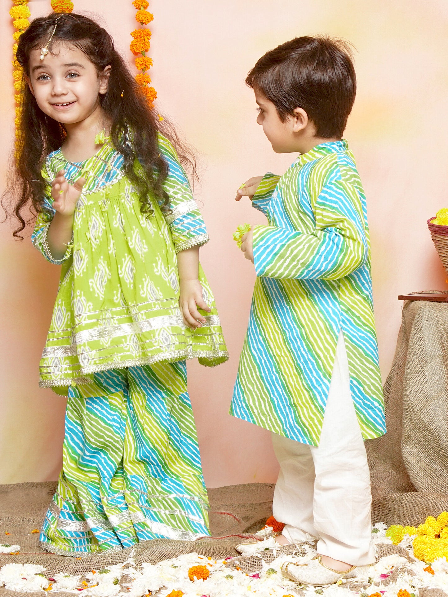 Boys Leheriya Pure Cotton Kurta Pyjamas and Girls Kurta & Sharara Sibling Sets -Blue