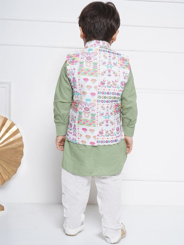 Kids Cotton Full Sleeve Printed Kurta Pajama & Waistcoat Set for Boys