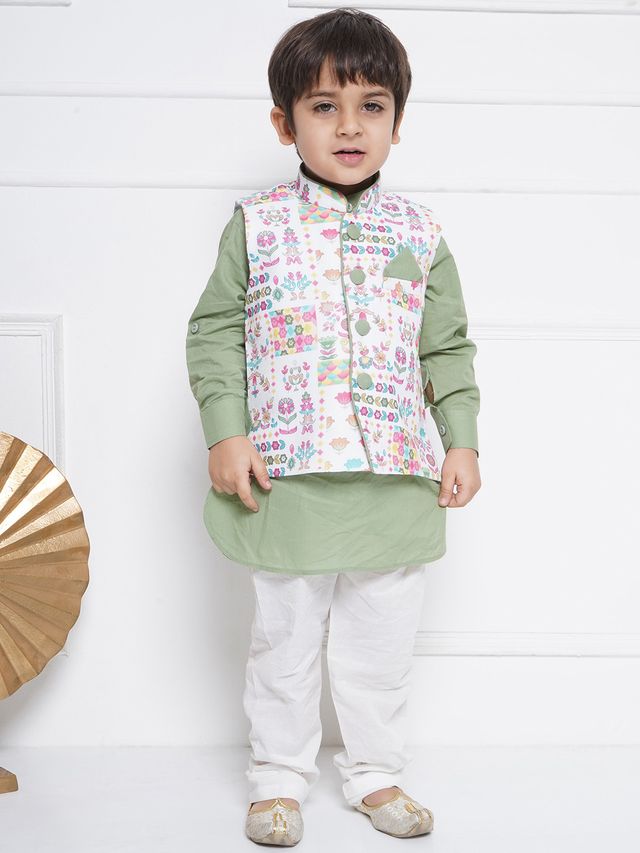 AJ DEZINES Kids Cotton Full Sleeve Printed Kurta Pajama & Waistcoat Set for Boys - Ethnic wear