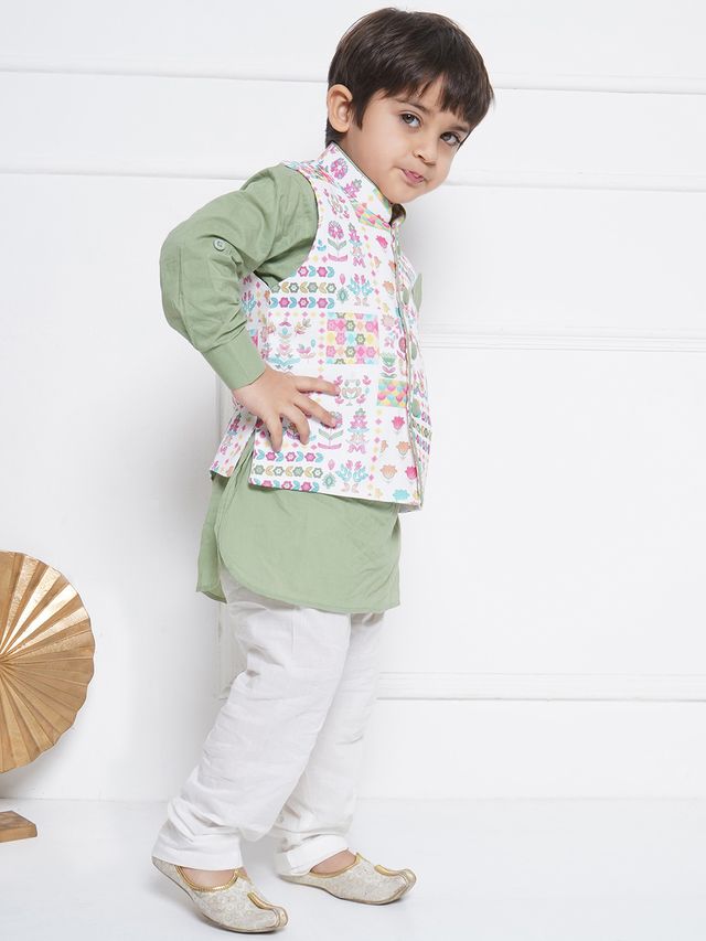 AJ DEZINES Kids Cotton Full Sleeve Printed Kurta Pajama & Waistcoat Set for Boys - Ethnic wear