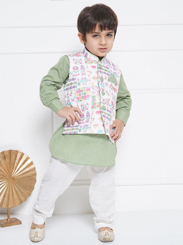 AJ DEZINES Kids Cotton Full Sleeve Printed Kurta Pajama & Waistcoat Set for Boys - Ethnic wear