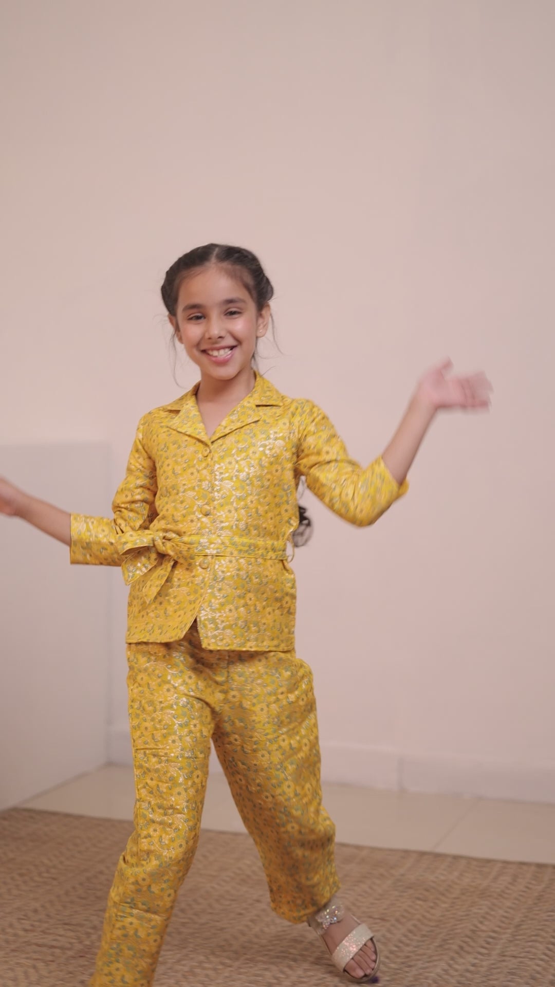Yellow Floral Print Brocade 3/4th Sleeves Co-Ord Set for Girls