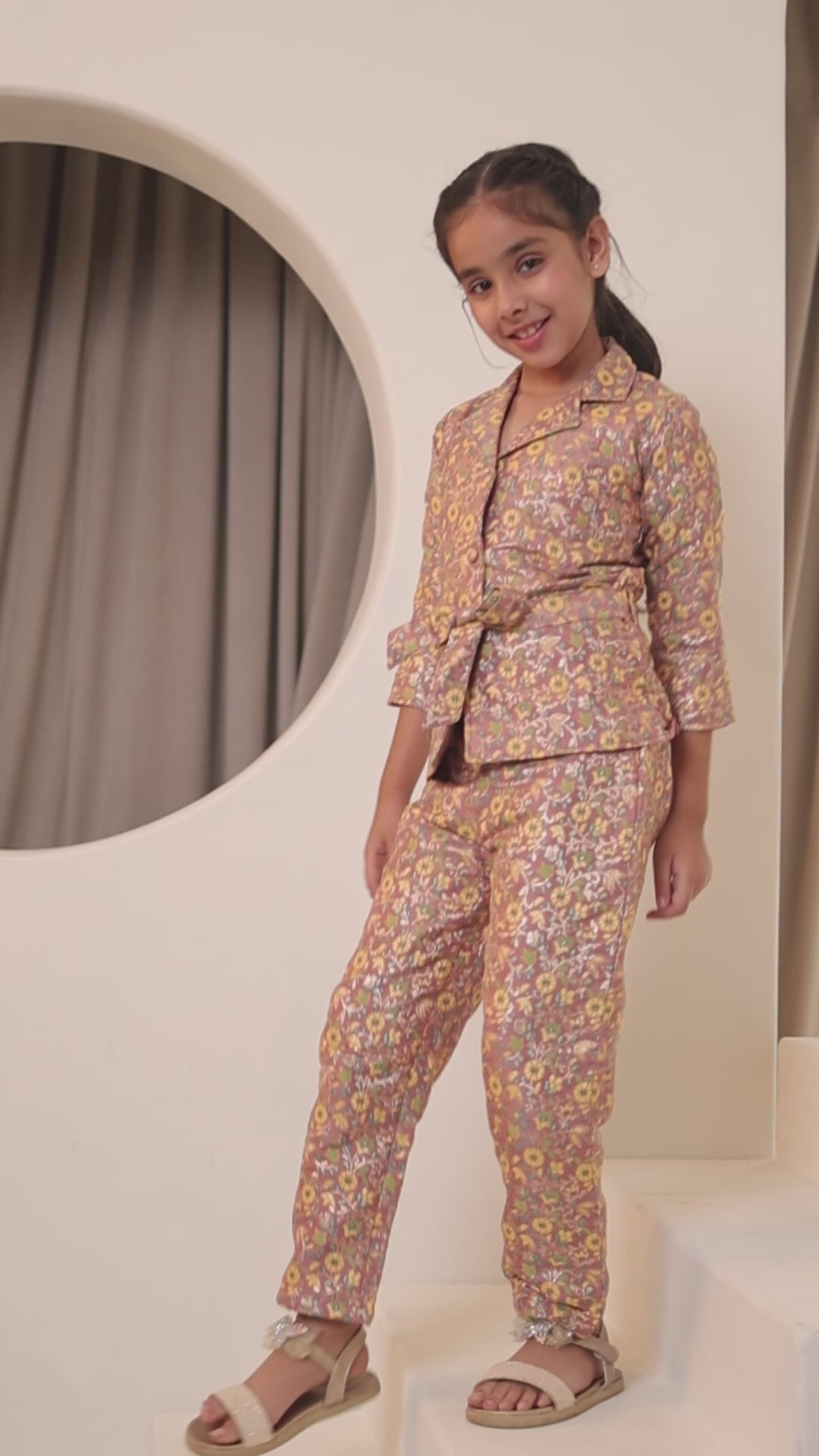 Peach Floral Print Brocade 3/4th Sleeves Co-Ord Set for Girls