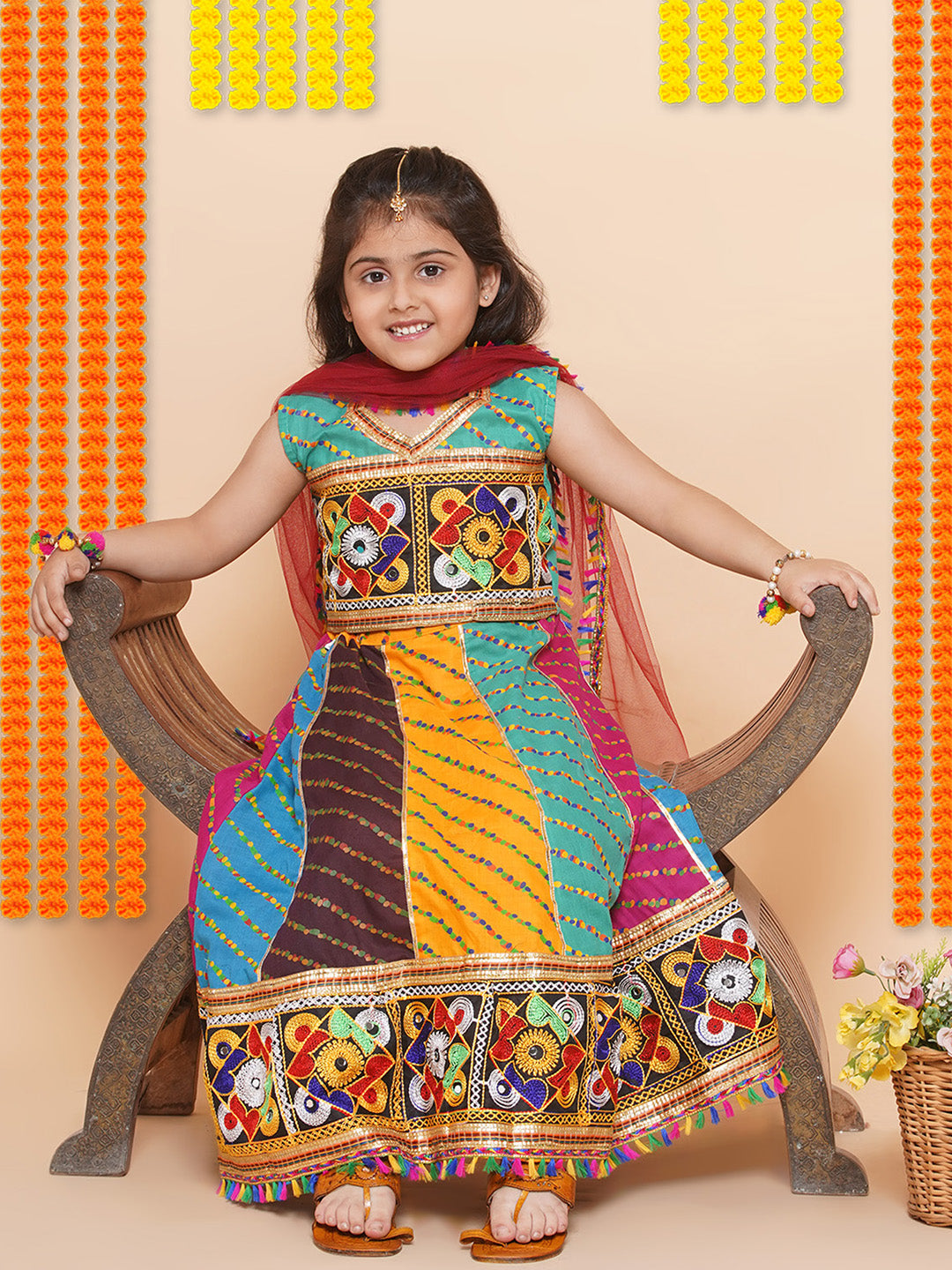 Girls Multi Color Kathyavadi Cotton Lehenga Choli for Festivals