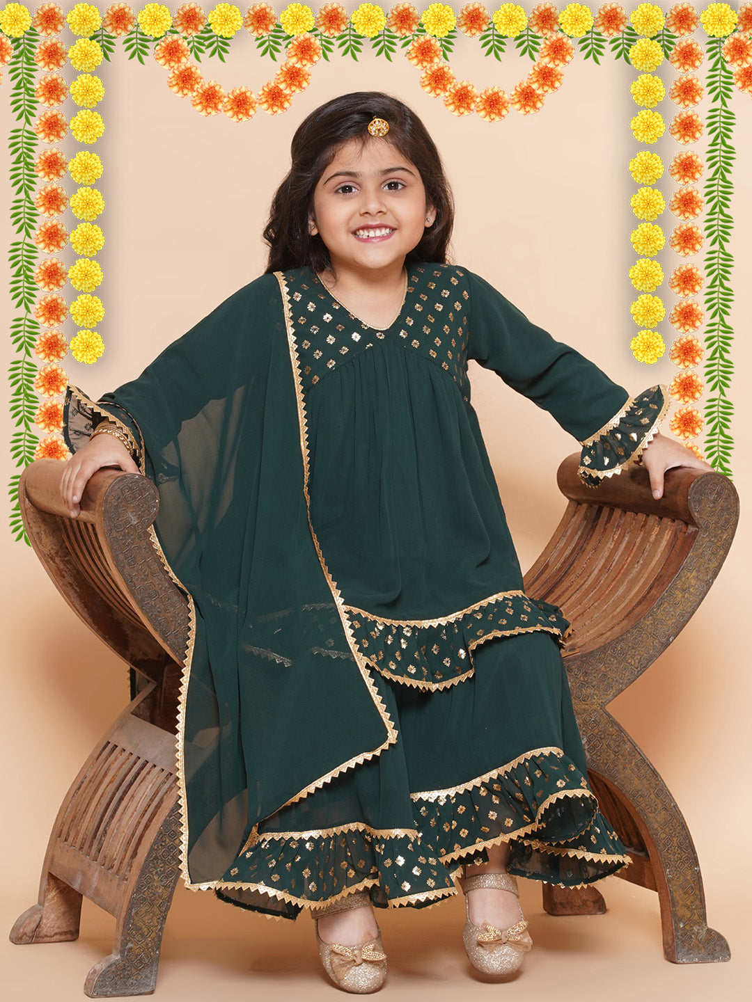 Kids Girls Green Block Print Georgette Sharara
