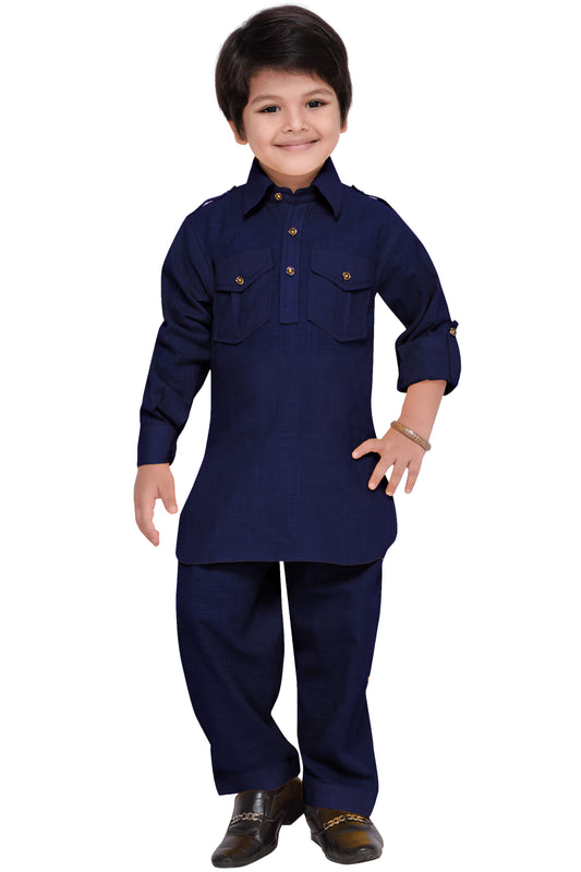 Boys Blue Cotton Solid Pathani Suit
