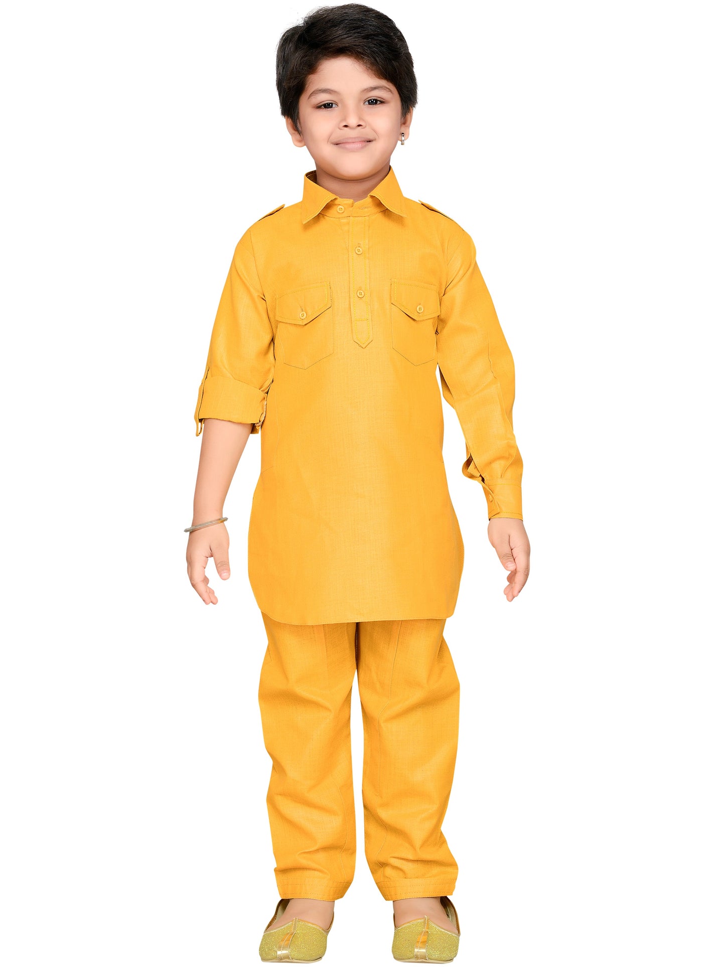 Boys Mustard Cotton Solid Pathani Suit