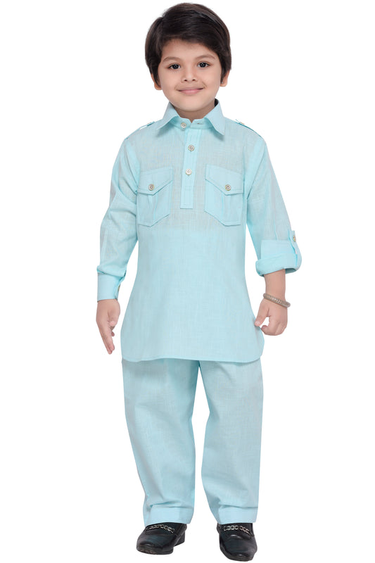 Boys Sky Blue Cotton Solid Pathani Suit