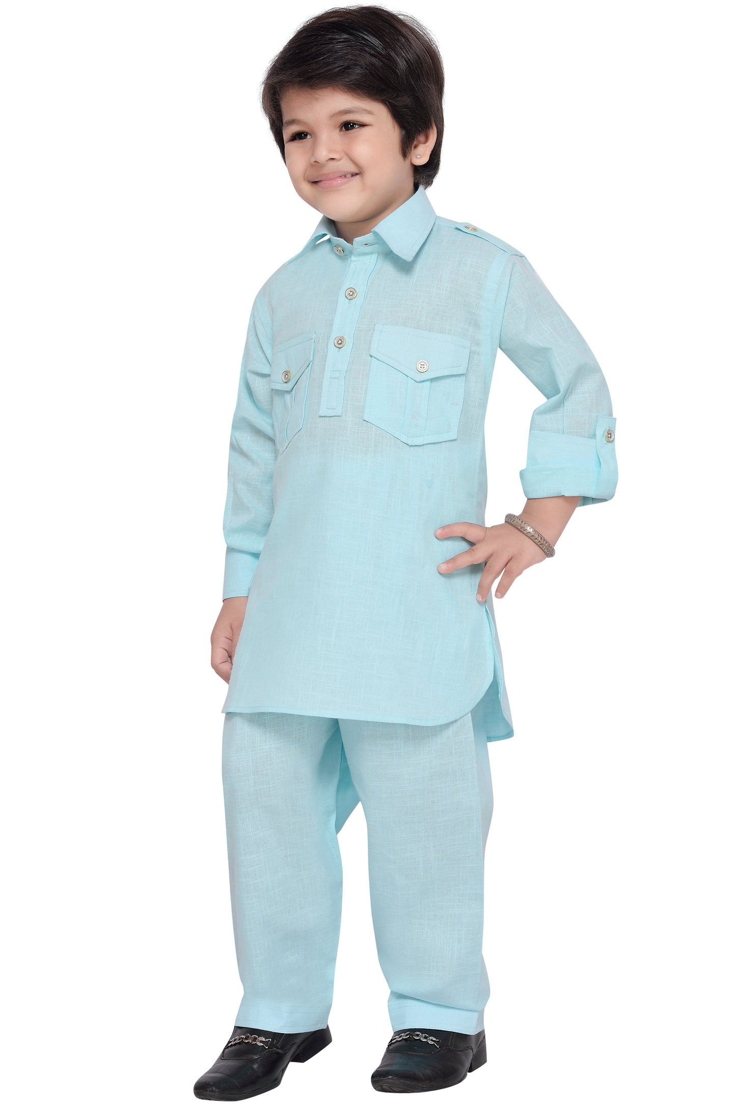 Boys Sky Blue Cotton Solid Pathani Suit