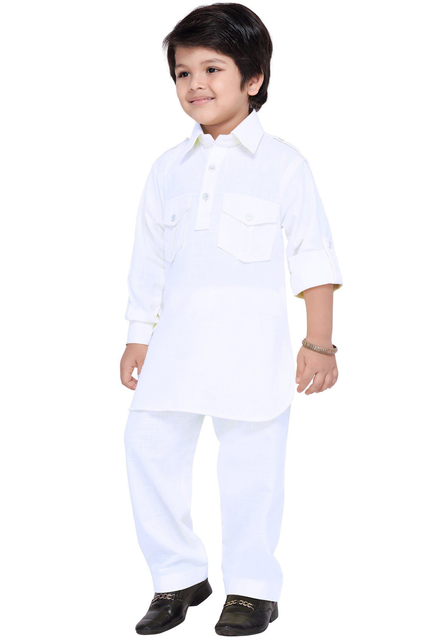 Boys White Cotton Solid Pathani Suit