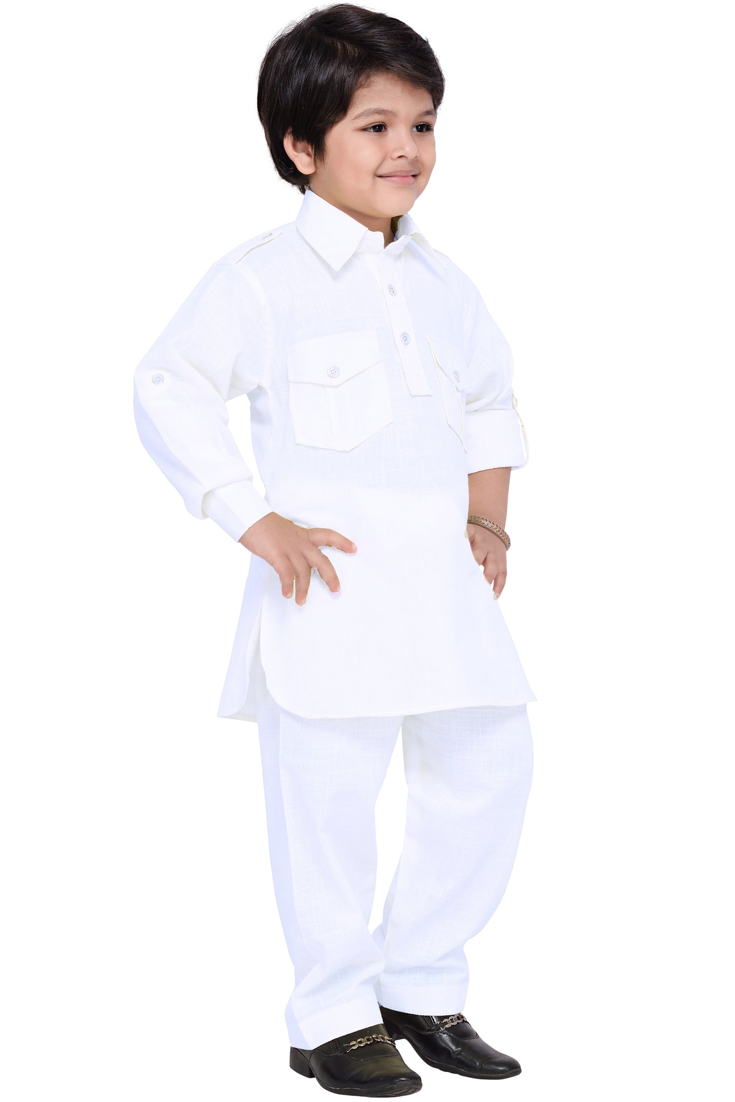 Boys White Cotton Solid Pathani Suit