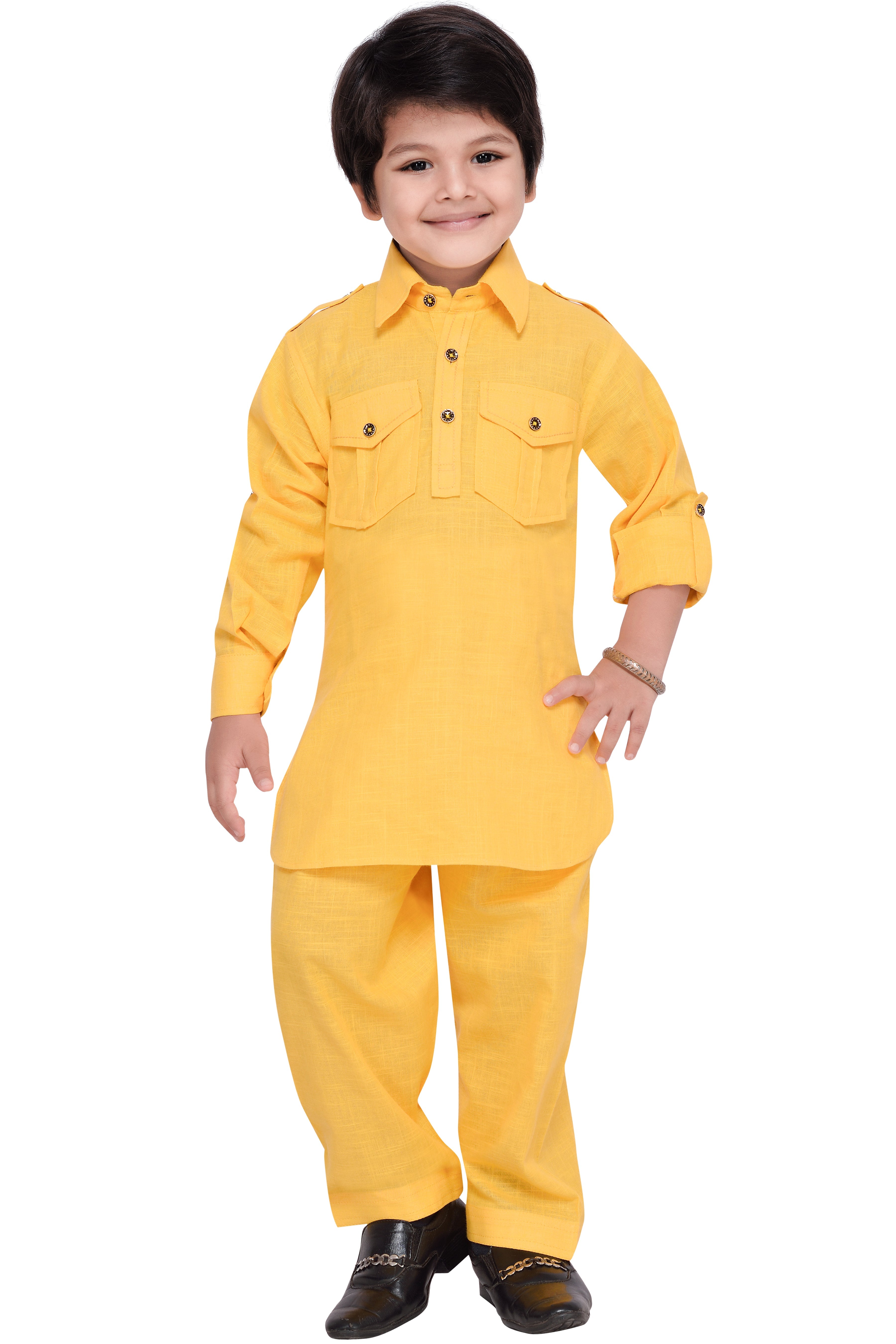 Boys Yellow Solid Cotton Blend Pathani Suit Set for Kids - AJ Dezines