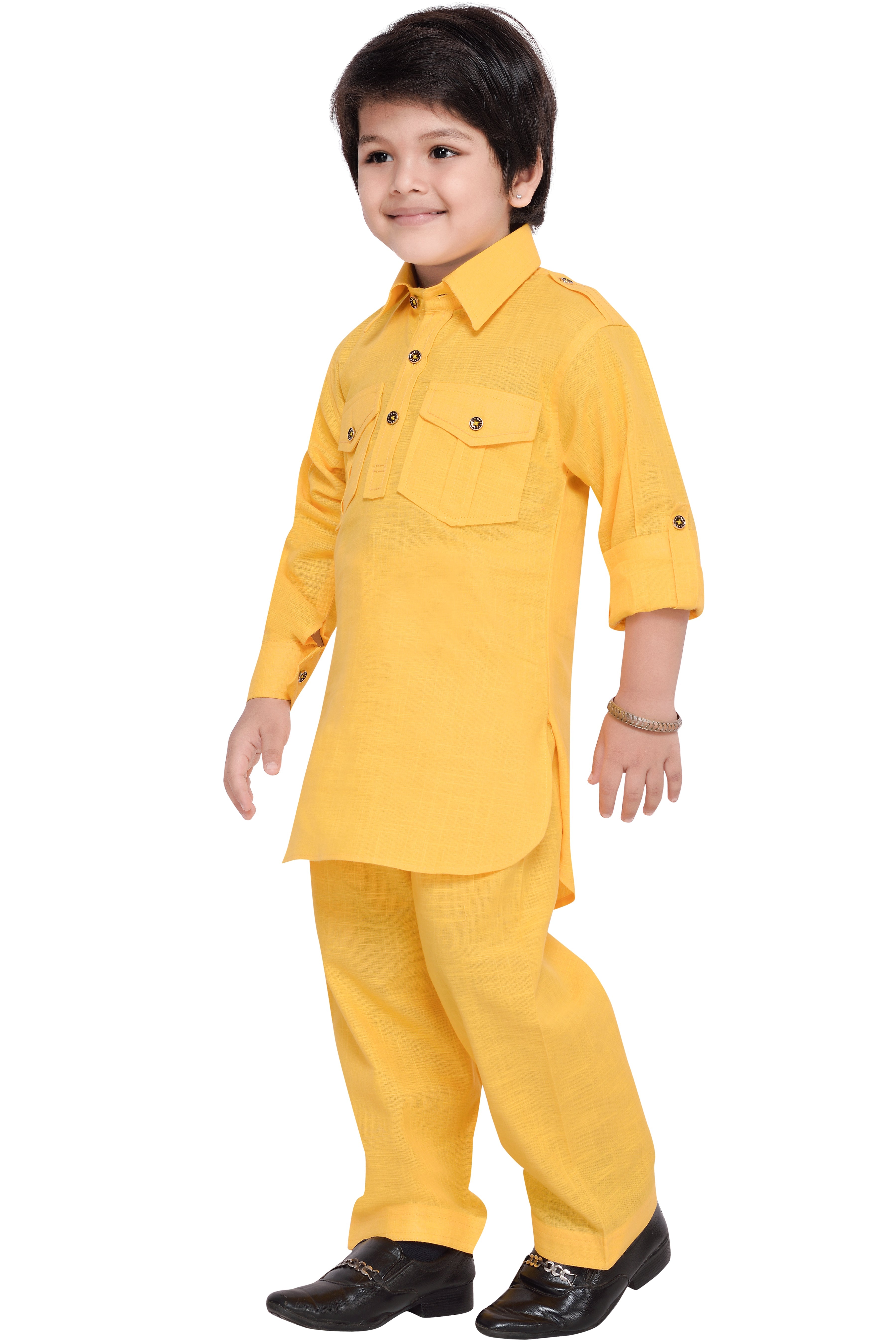 Boys Yellow Solid Cotton Blend Pathani Suit Set for Kids - AJ Dezines