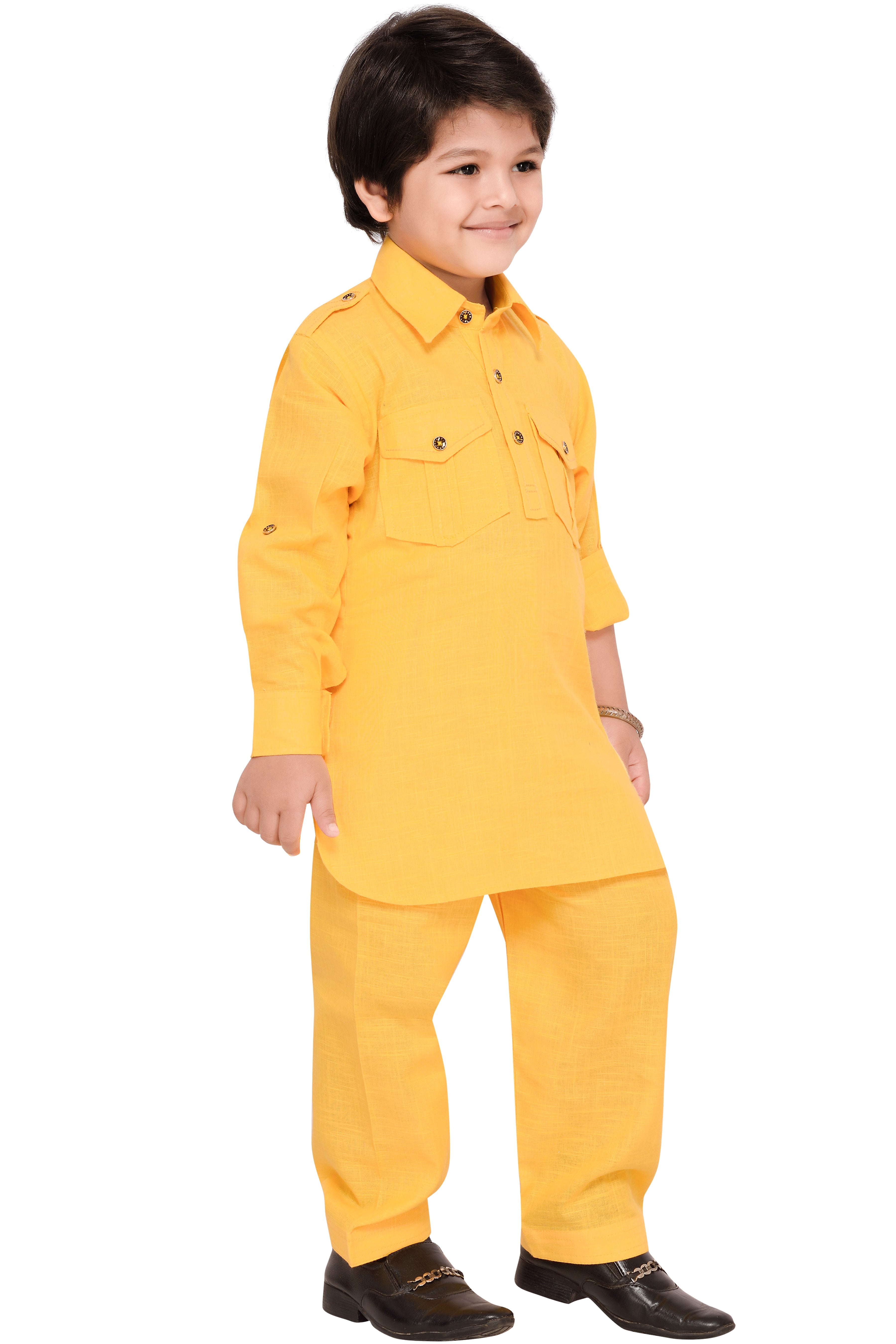 Boys Yellow Solid Cotton Blend Pathani Suit Set for Kids - AJ Dezines