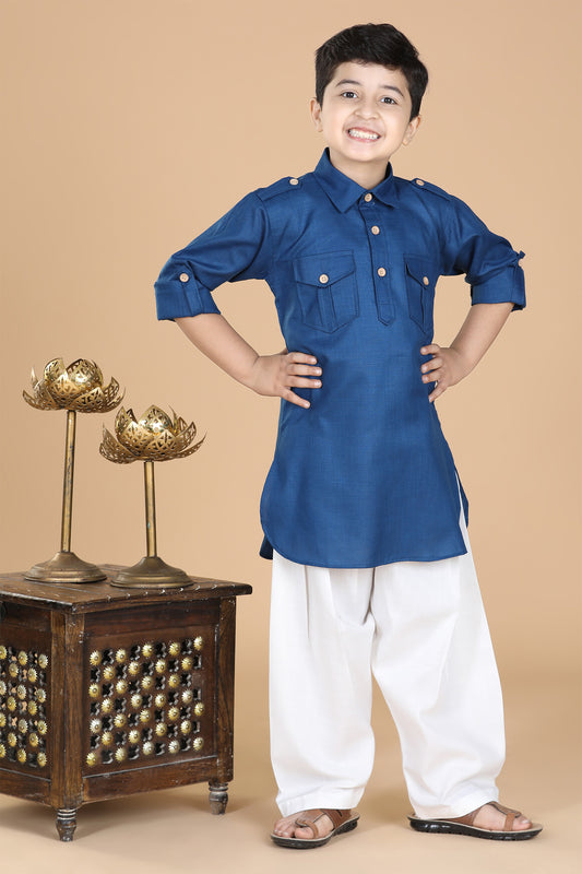 Boys Blue Cotton Solid Color Pathani Suit