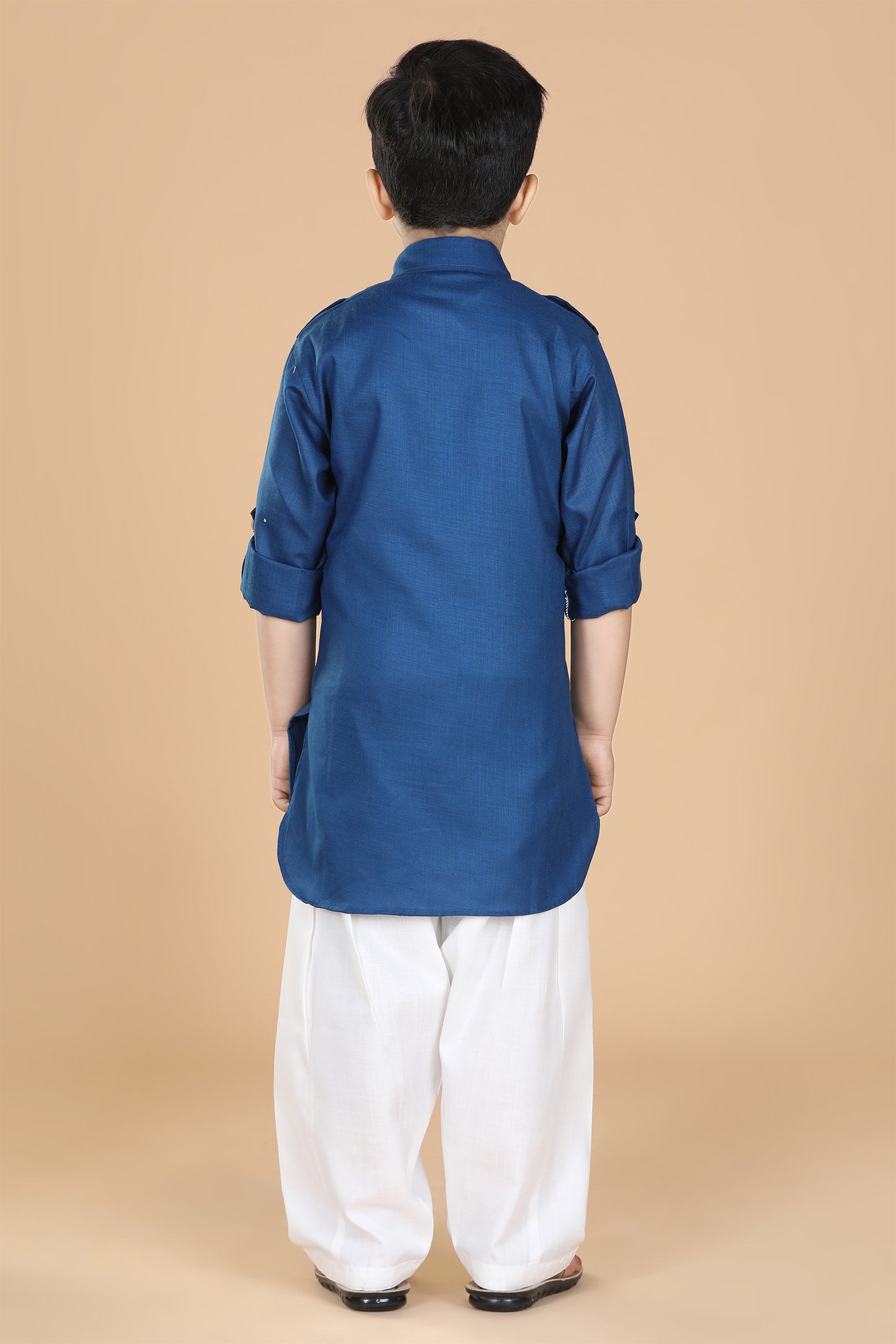 Boys Blue Cotton Solid Color Pathani Suit