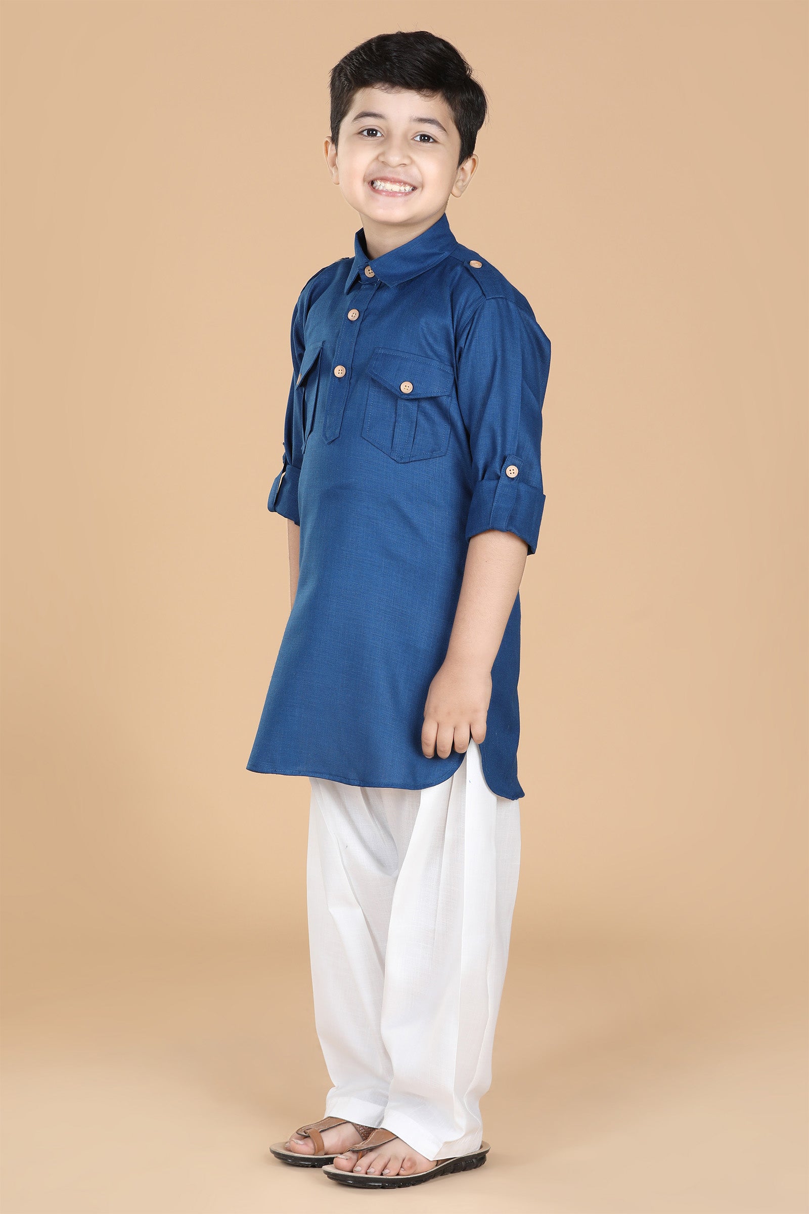 Boys Blue Cotton Solid Color Pathani Suit AJ Dezines