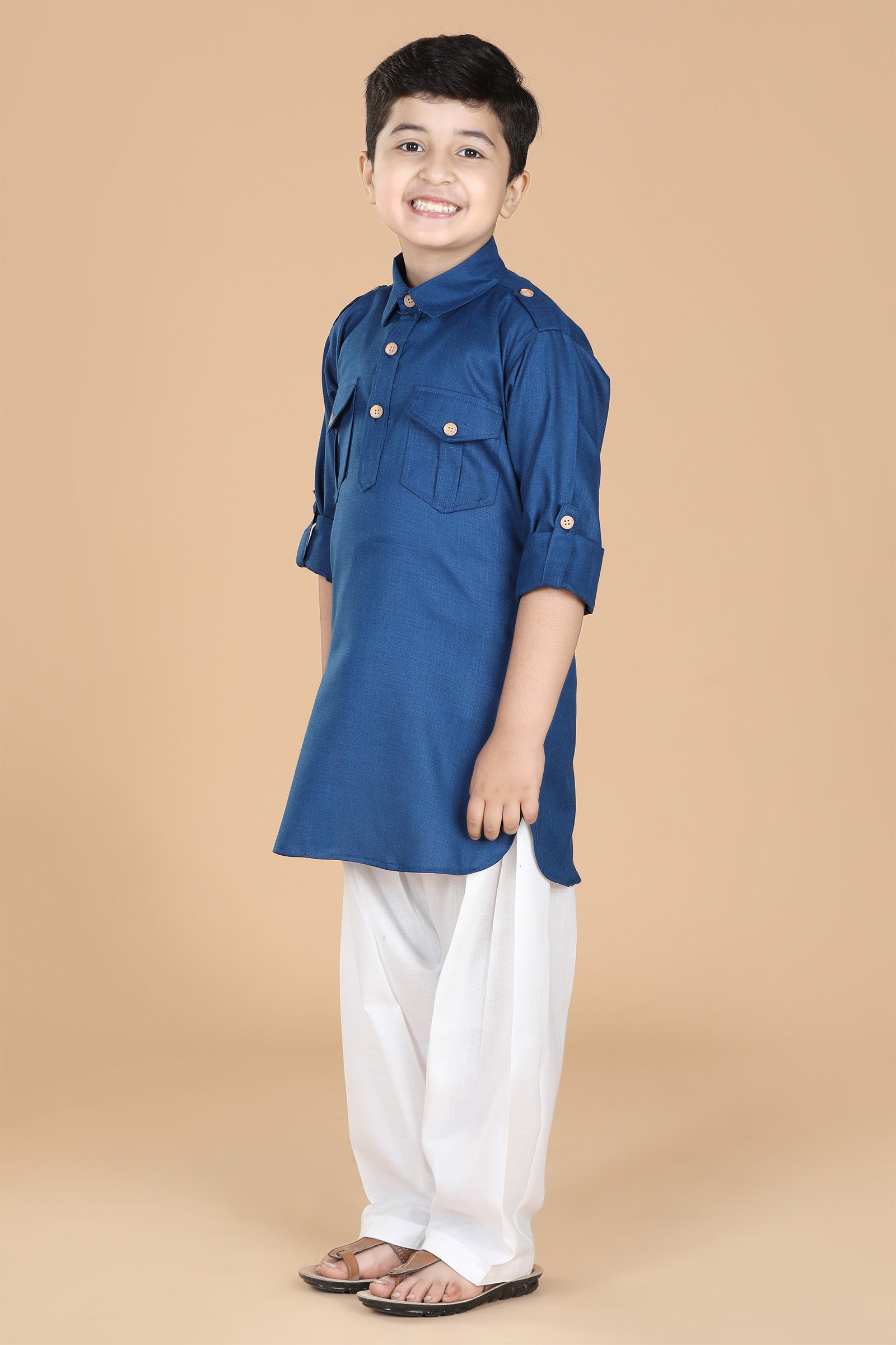Boys Blue Solid Cotton Pathani Suit for Kids