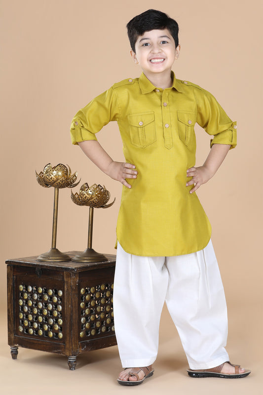 Boys Light Green Cotton Solid Color Pathani Suit