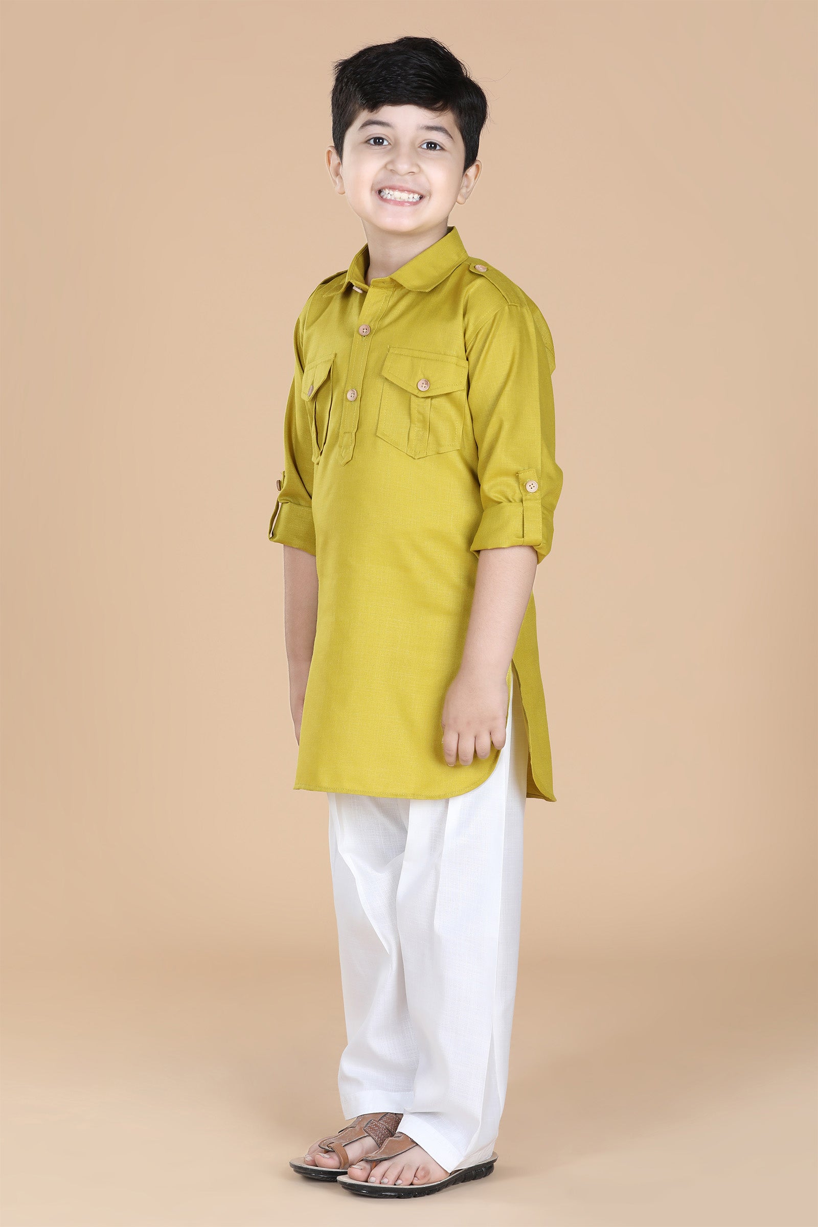 Boys Green Solid Cotton Pathani Suit for Kids