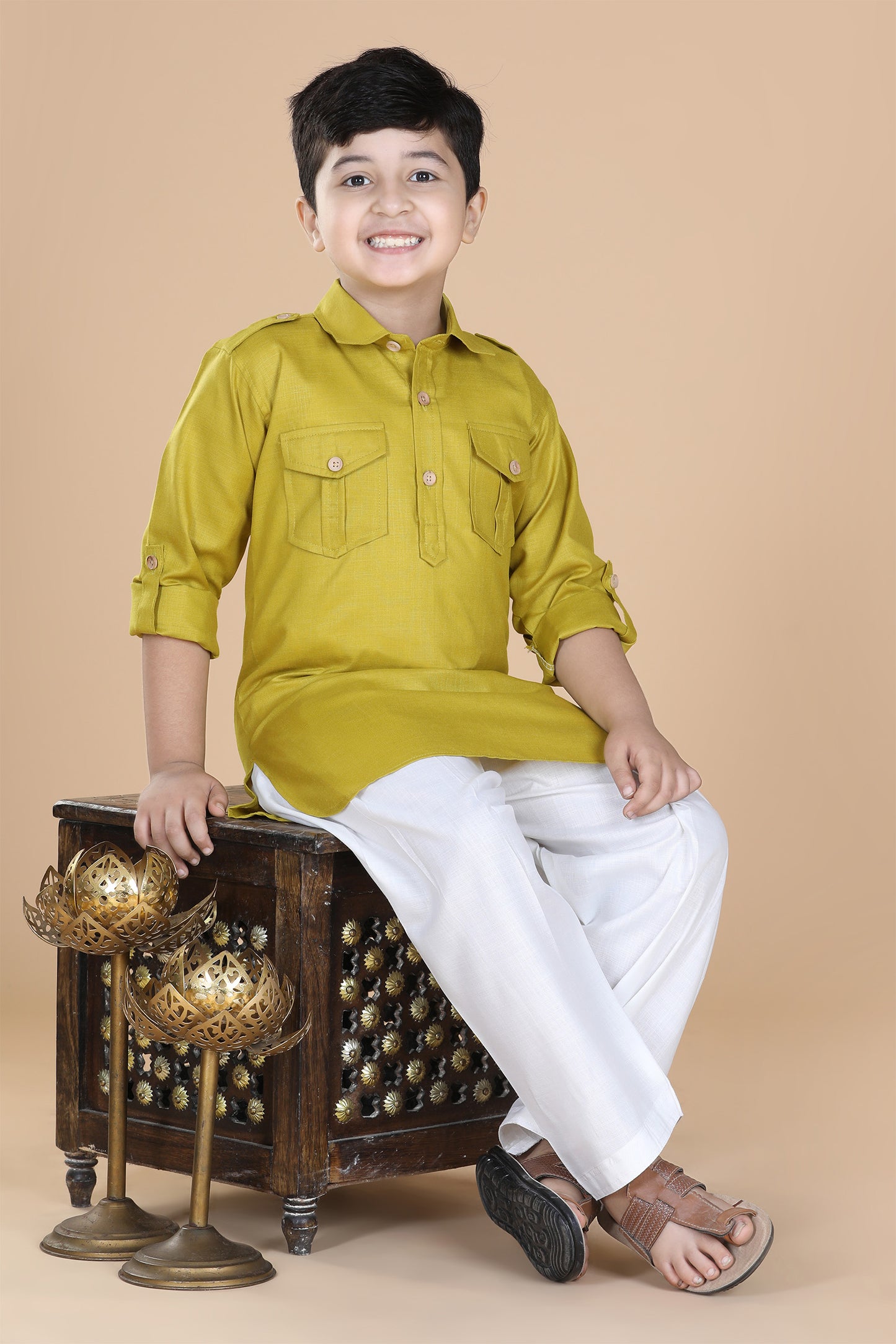 Boys Light Green Cotton Solid Color Pathani Suit