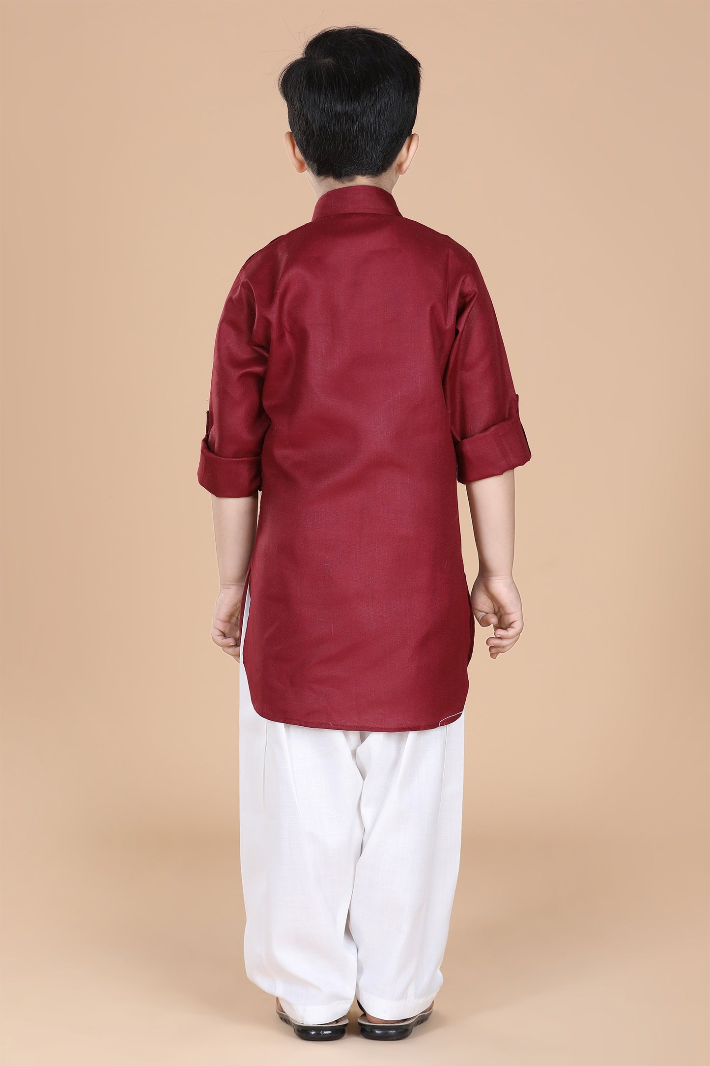 Boys Maroon Cotton Solid Color Pathani Suit