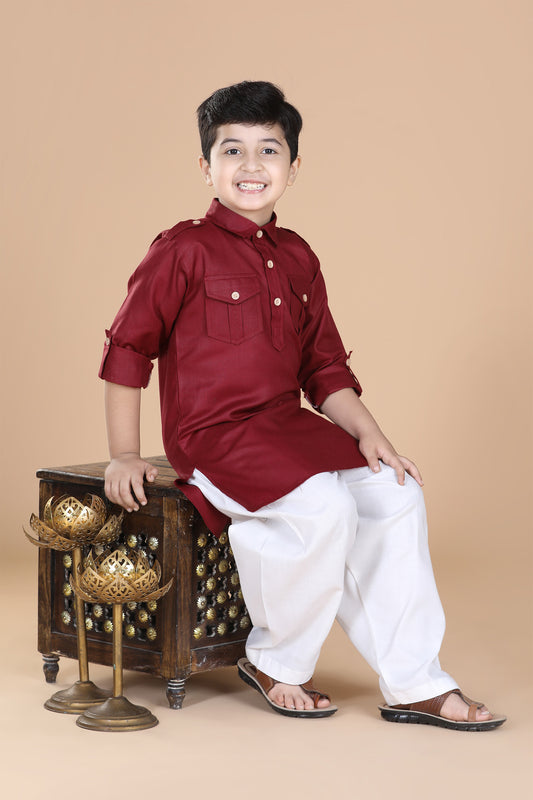 Kids Boys Maroon Solid Cotton Pathani Suit