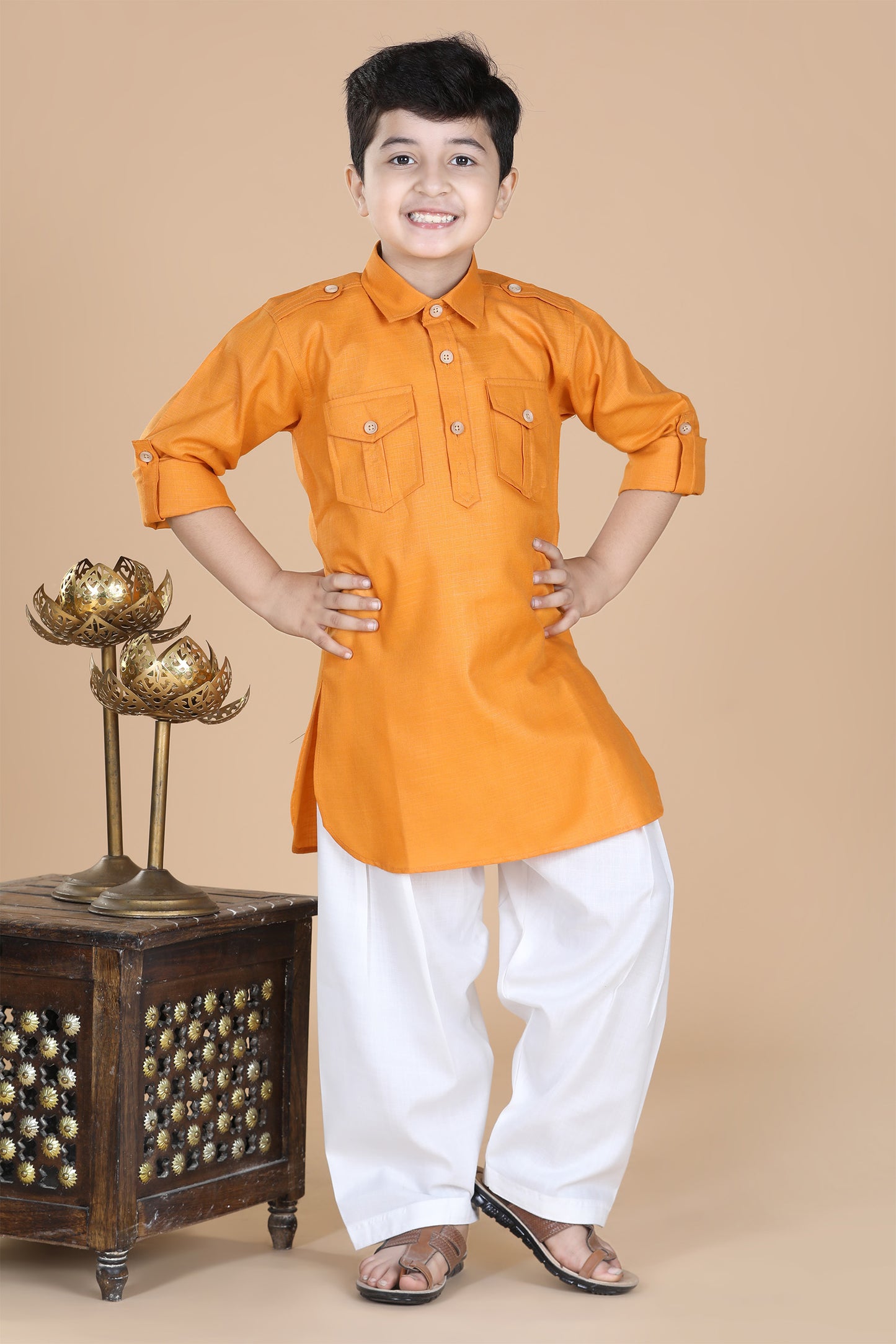 Boys Orange Cotton Solid Color Pathani Suit