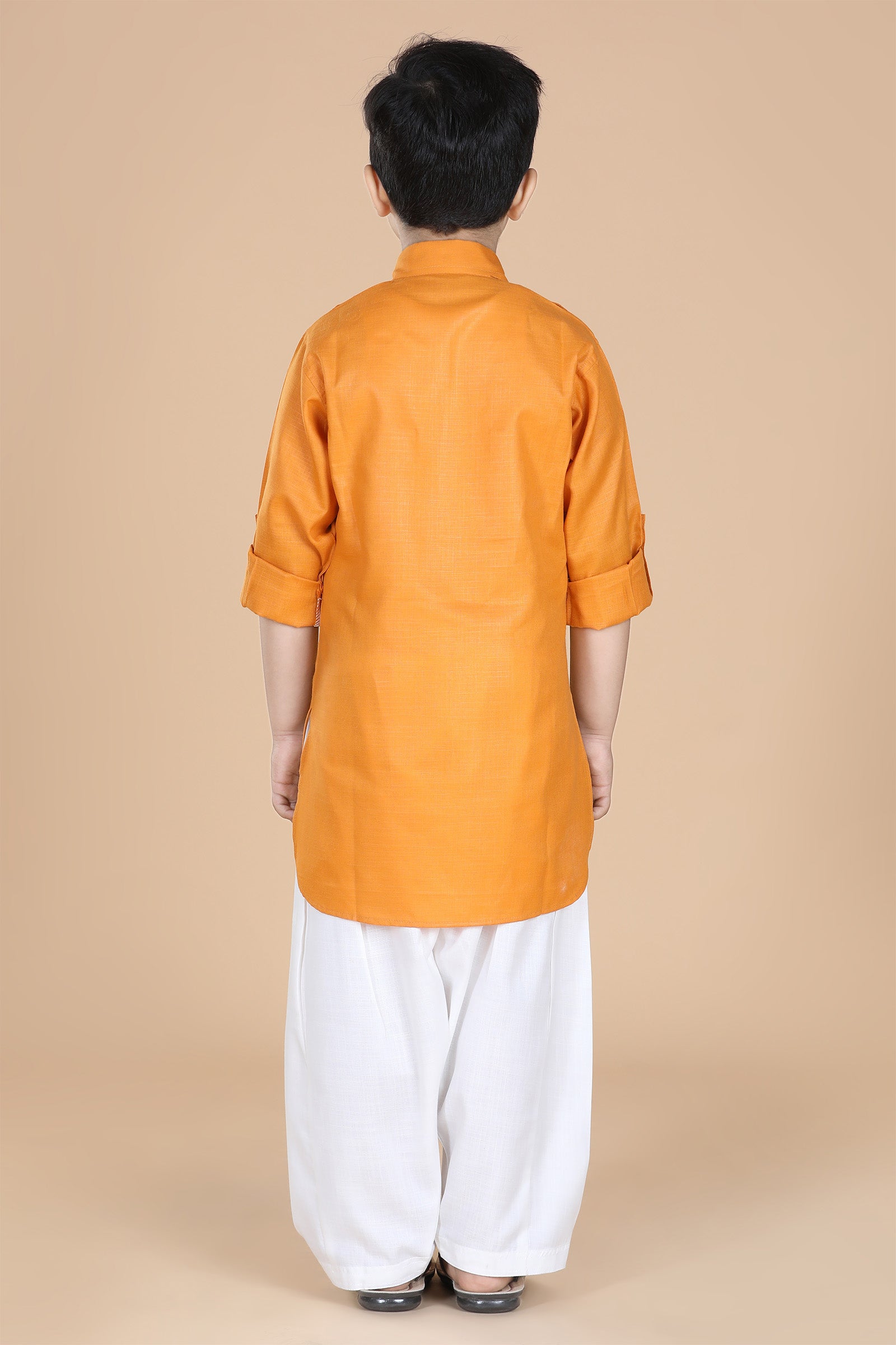 Boys Orange Solid Cotton Pathani Suit for Kids