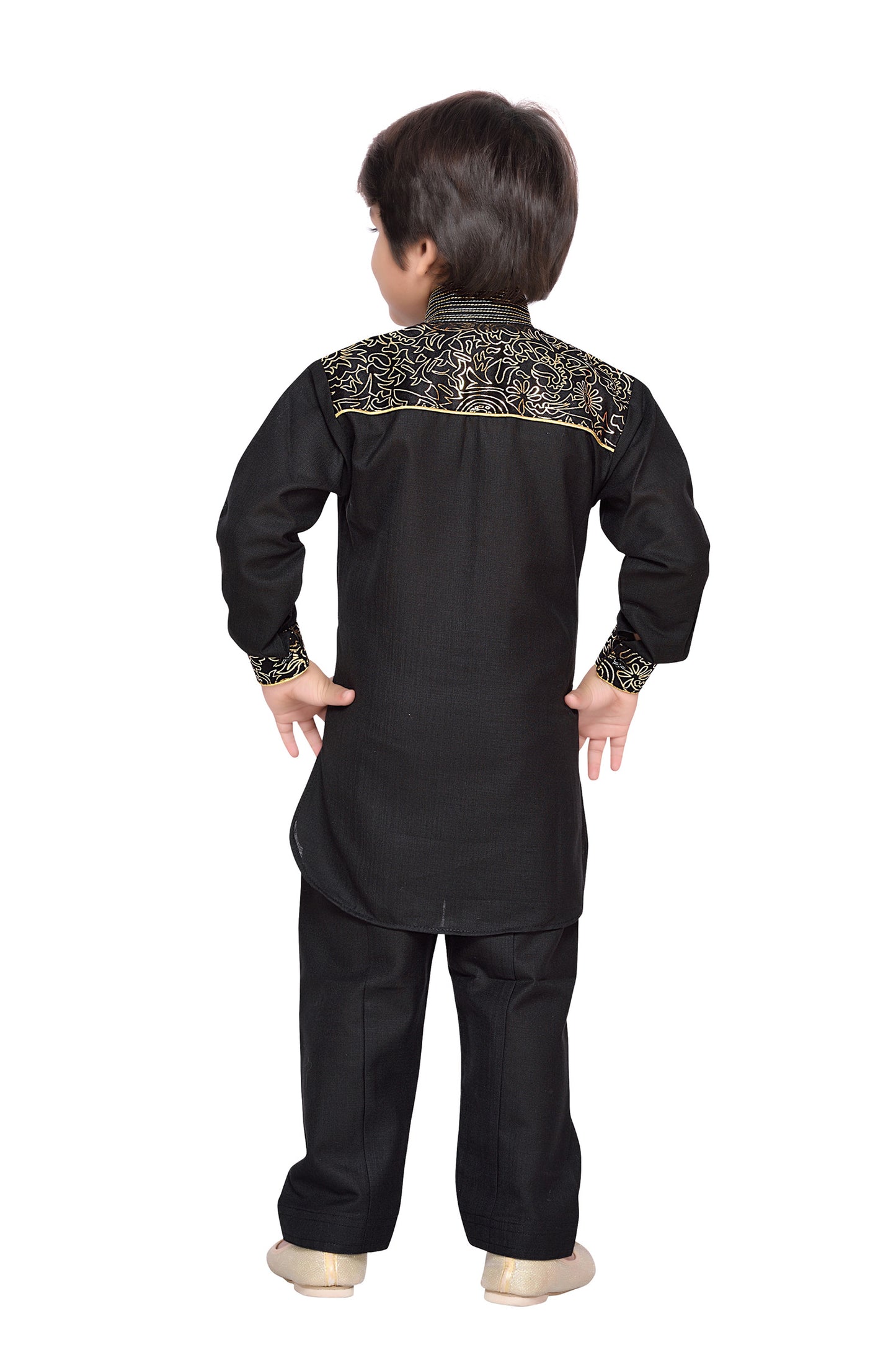 Boys Black Floral Printed with Embroidery Pathani Suit