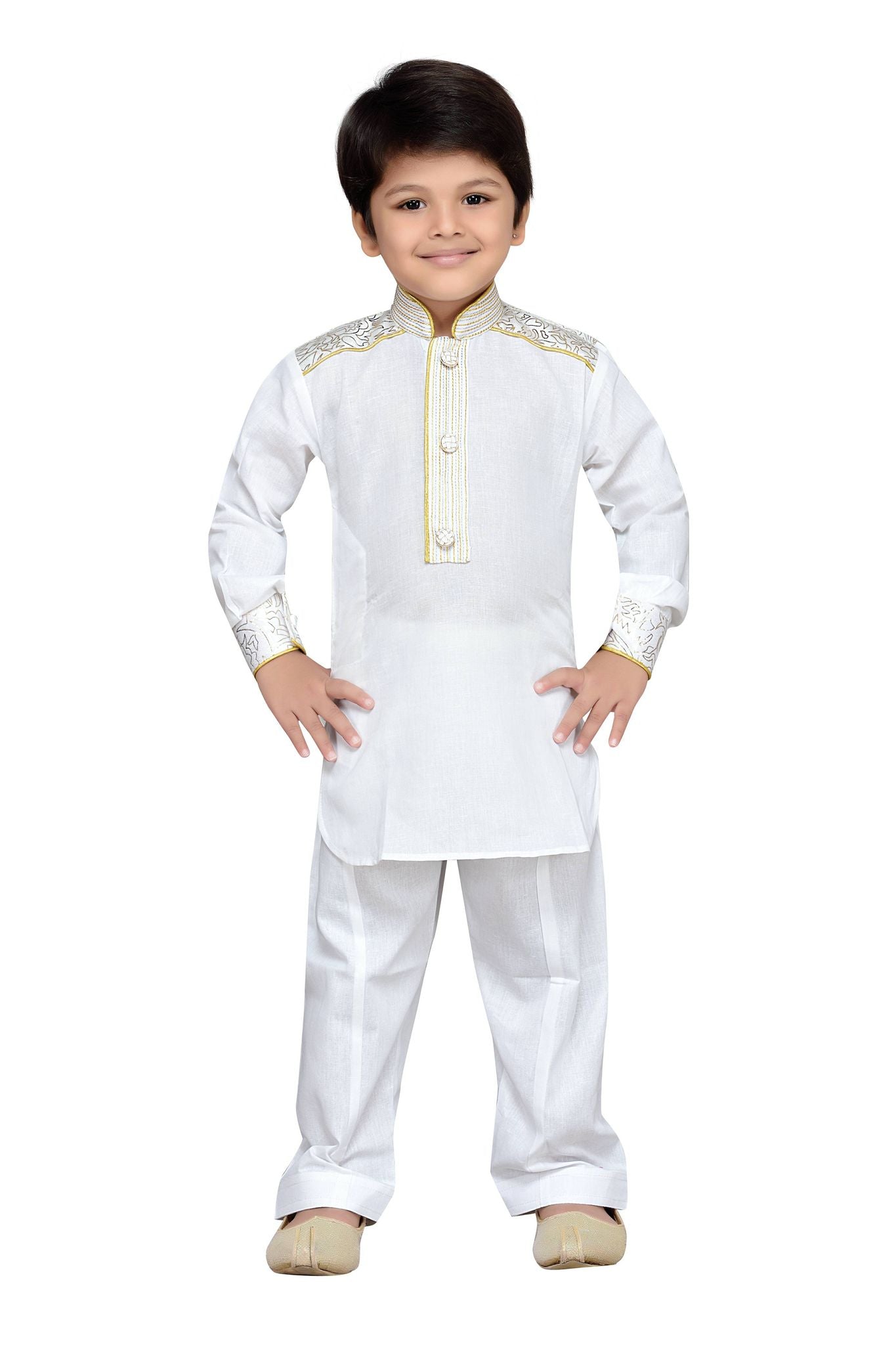 Boys White Floral Printed with Embroidery Pathani Suit