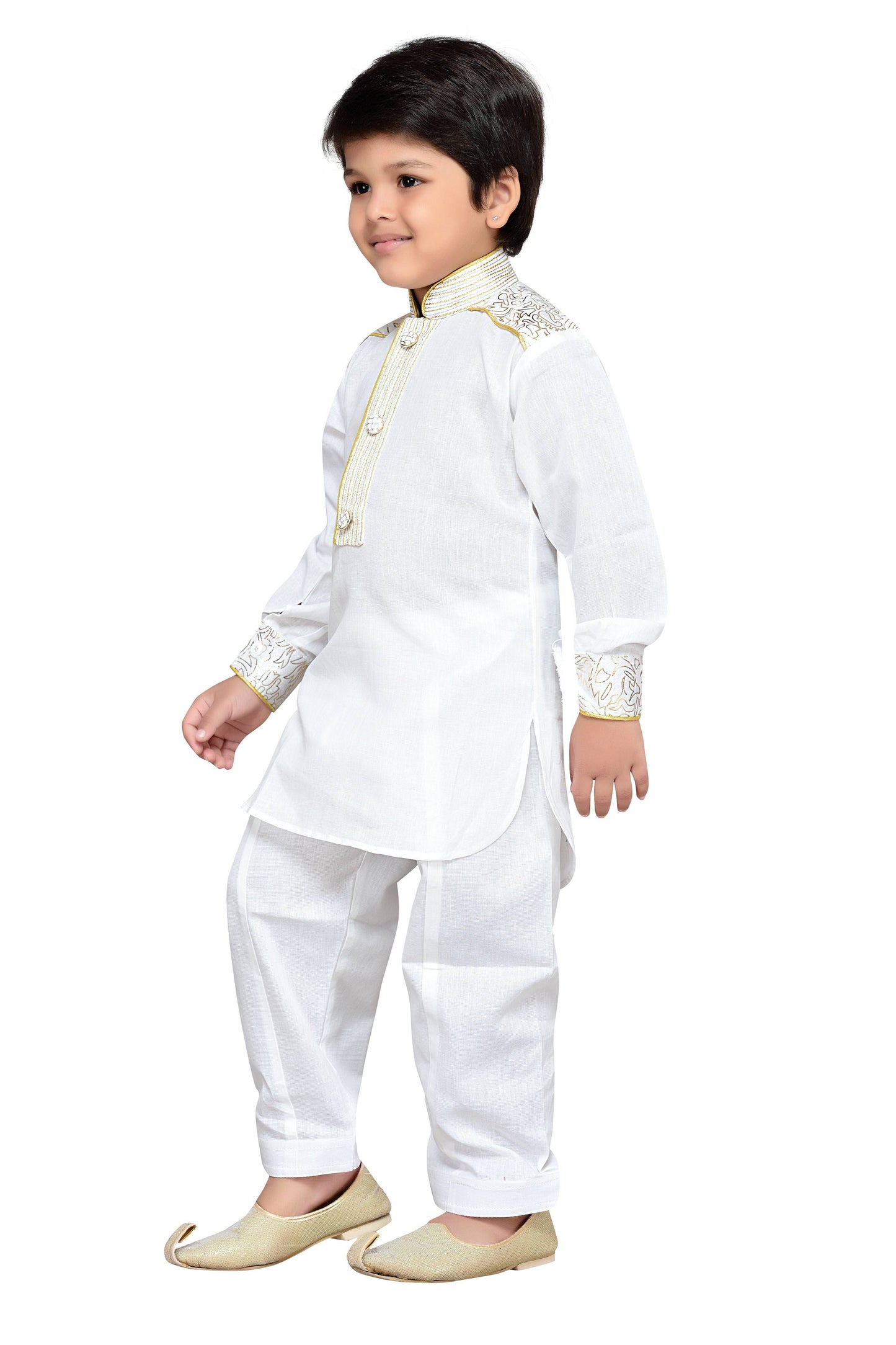 Boys White Floral Printed with Embroidery Pathani Suit