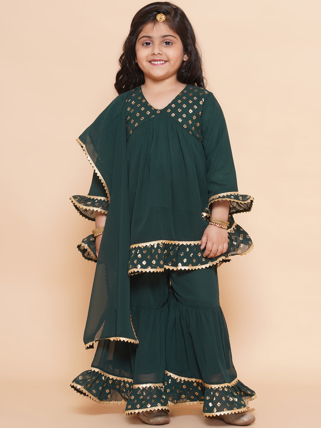Kids Girls Green Block Print Georgette Sharara