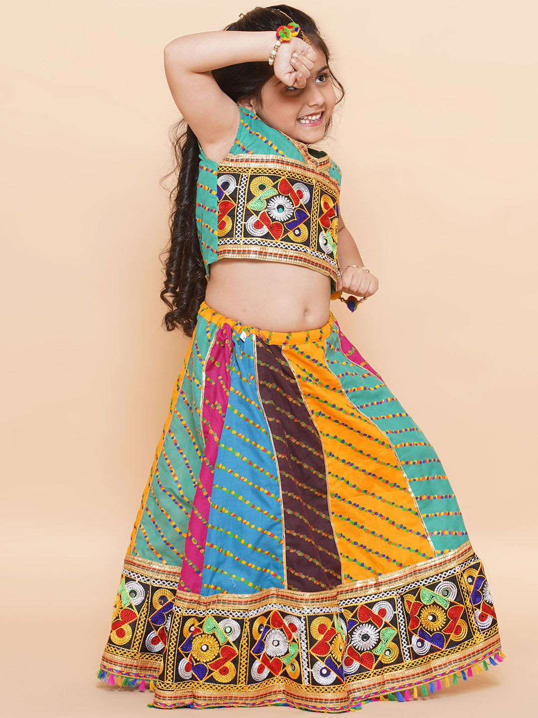 Girls Multi Color Kathyavadi Cotton Lehenga Choli for Festivals