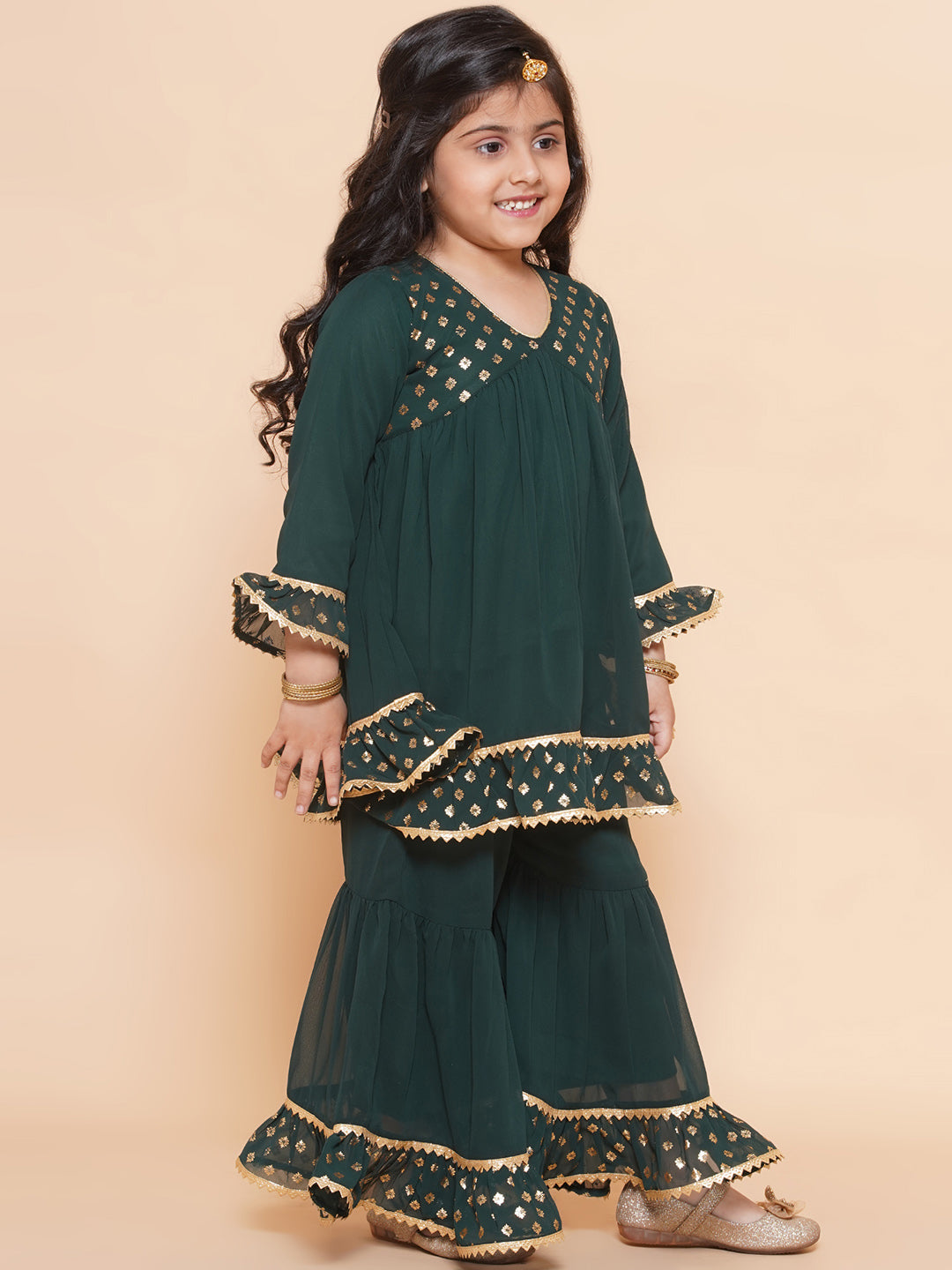 Kids Girls Green Block Print Georgette Sharara