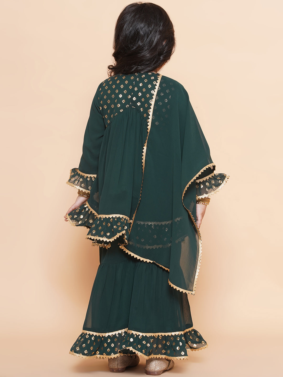 Kids Girls Green Block Print Georgette Sharara
