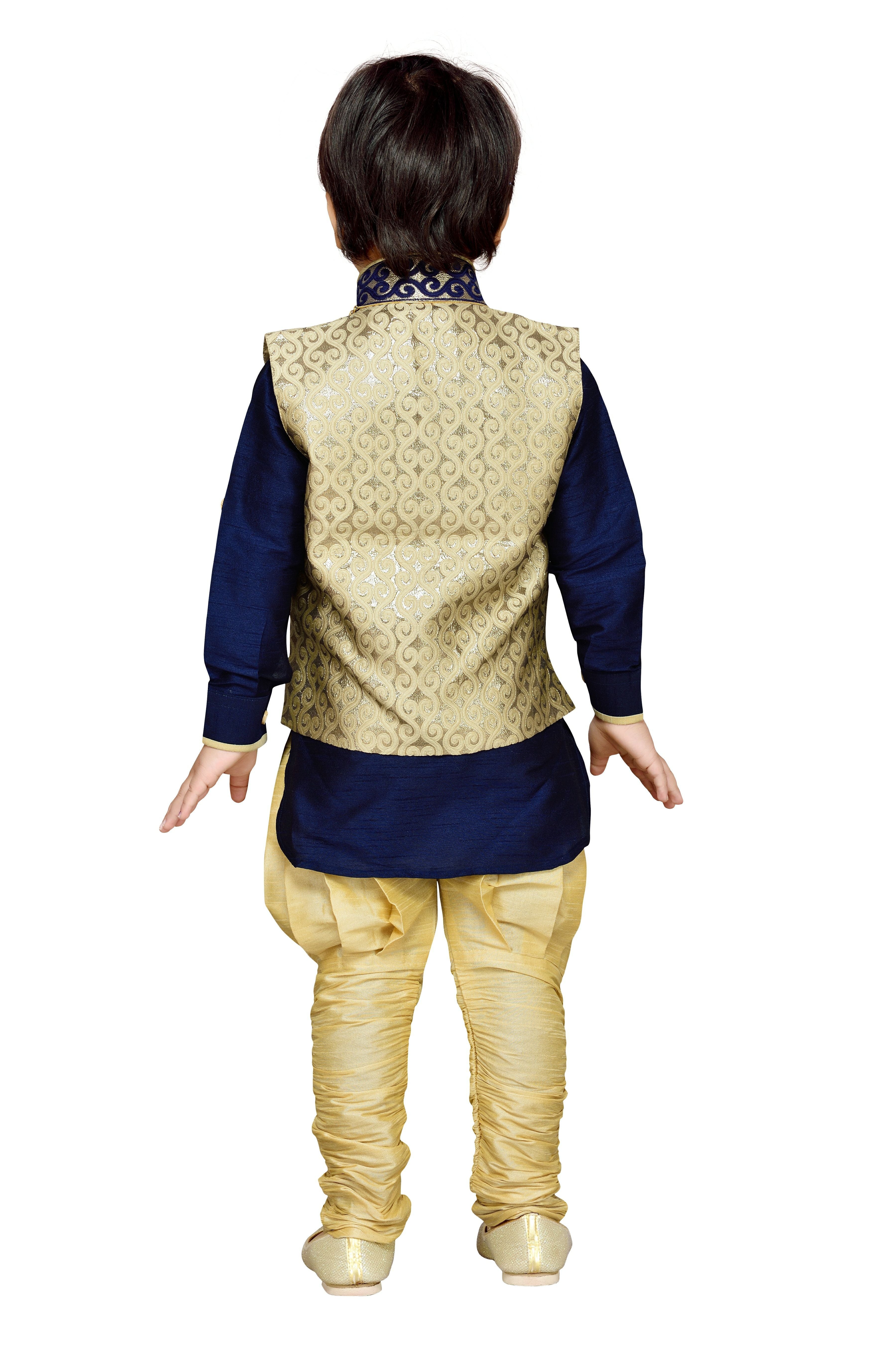 Cotton Silk Blue Kurta Pajama Waistcoat Set for Kids Boys