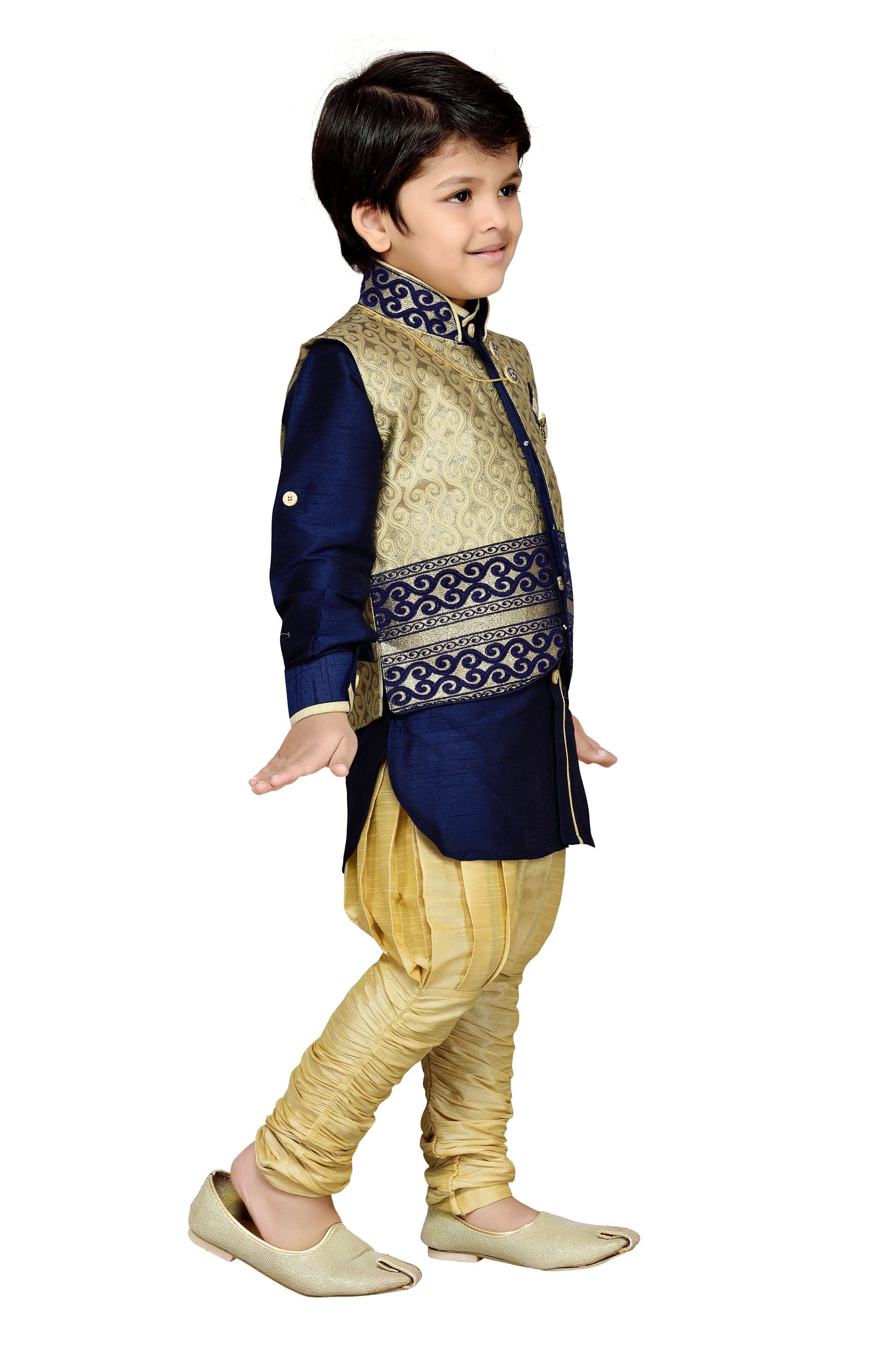 Cotton Silk Blue Kurta Pajama Waistcoat Set for Kids Boys