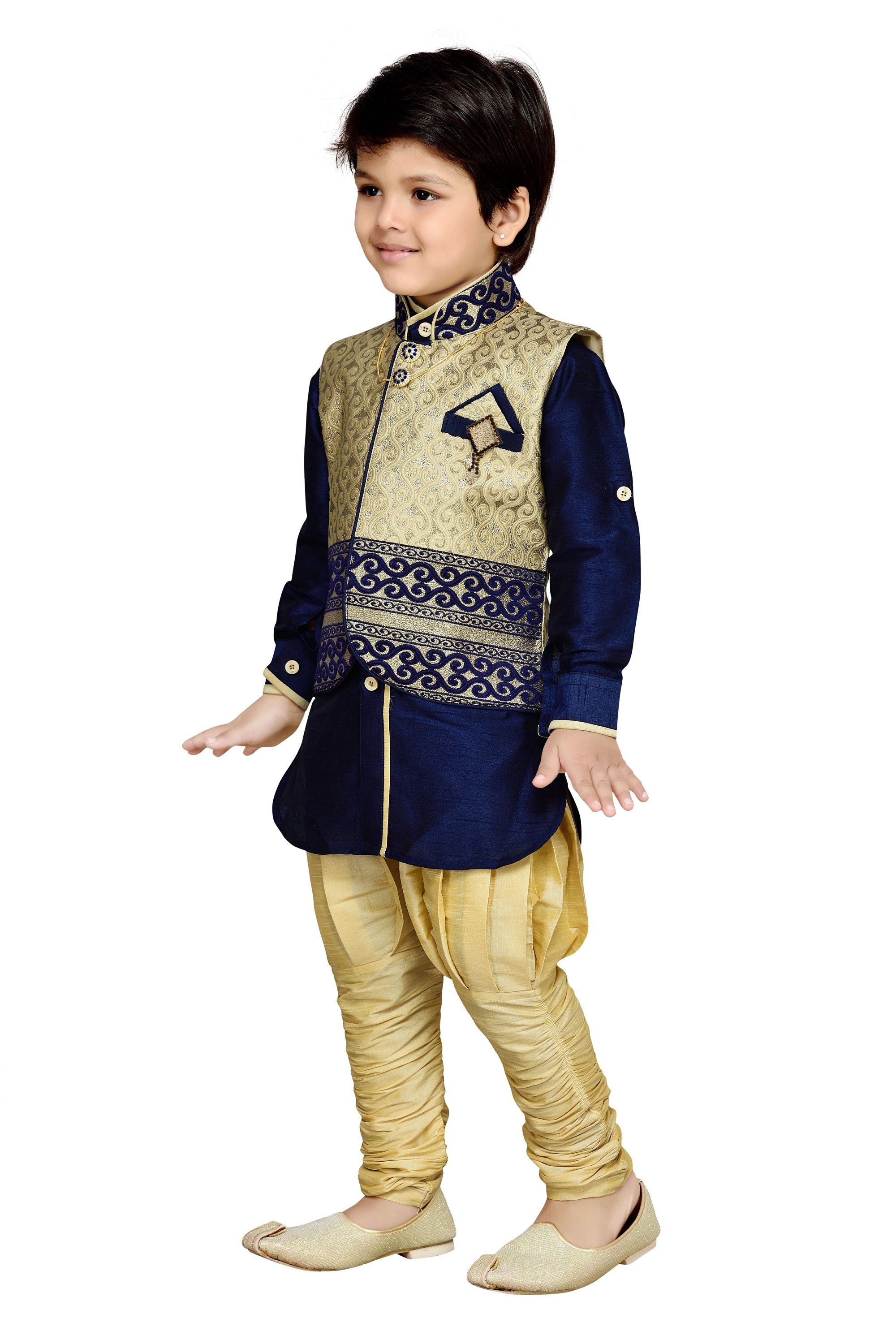 Cotton Silk Blue Kurta Pajama Waistcoat Set for Kids Boys
