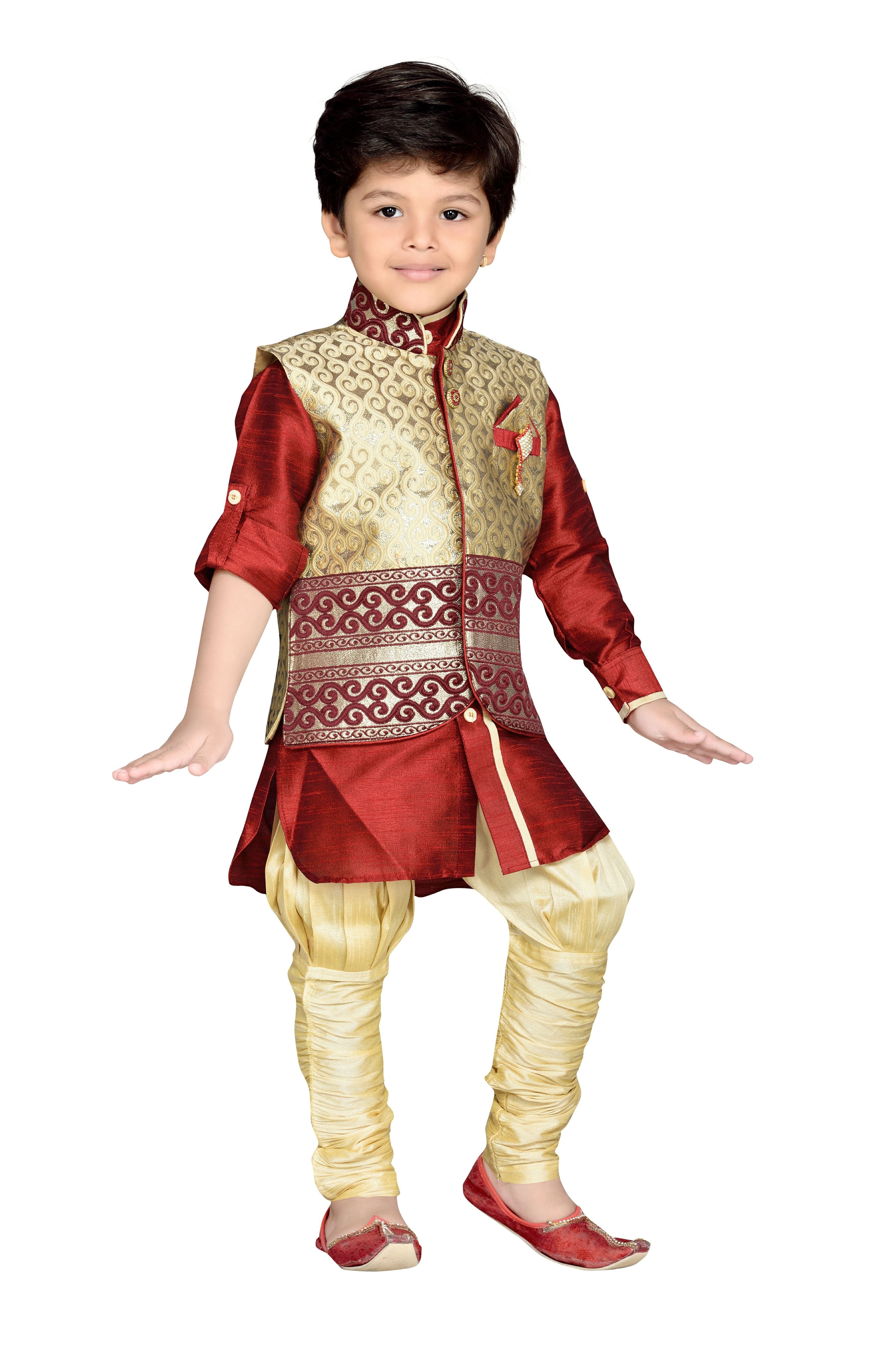 Cotton Silk Maroon Kurta, Pajama & Waistcoat Set for Kids Boys - AJ Dezines