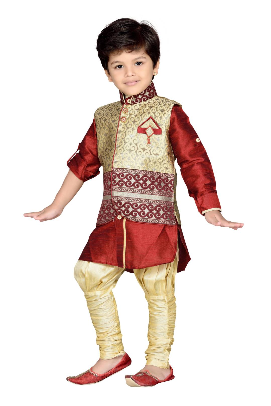 Cotton Silk Maroon Kurta, Pajama & Waistcoat Set for Kids Boys - AJ Dezines