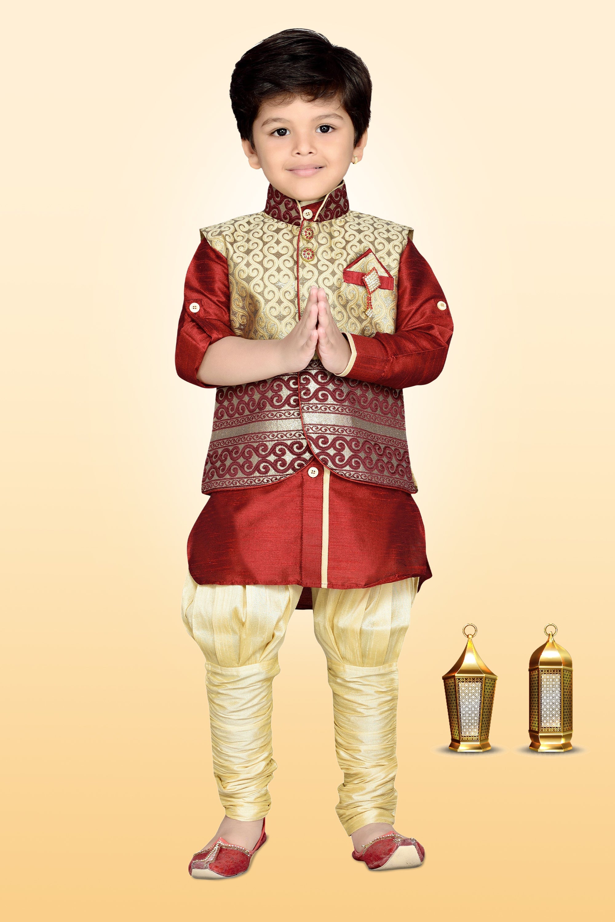 Cotton Silk Maroon Kurta, Pajama & Waistcoat Set for Kids Boys - AJ Dezines