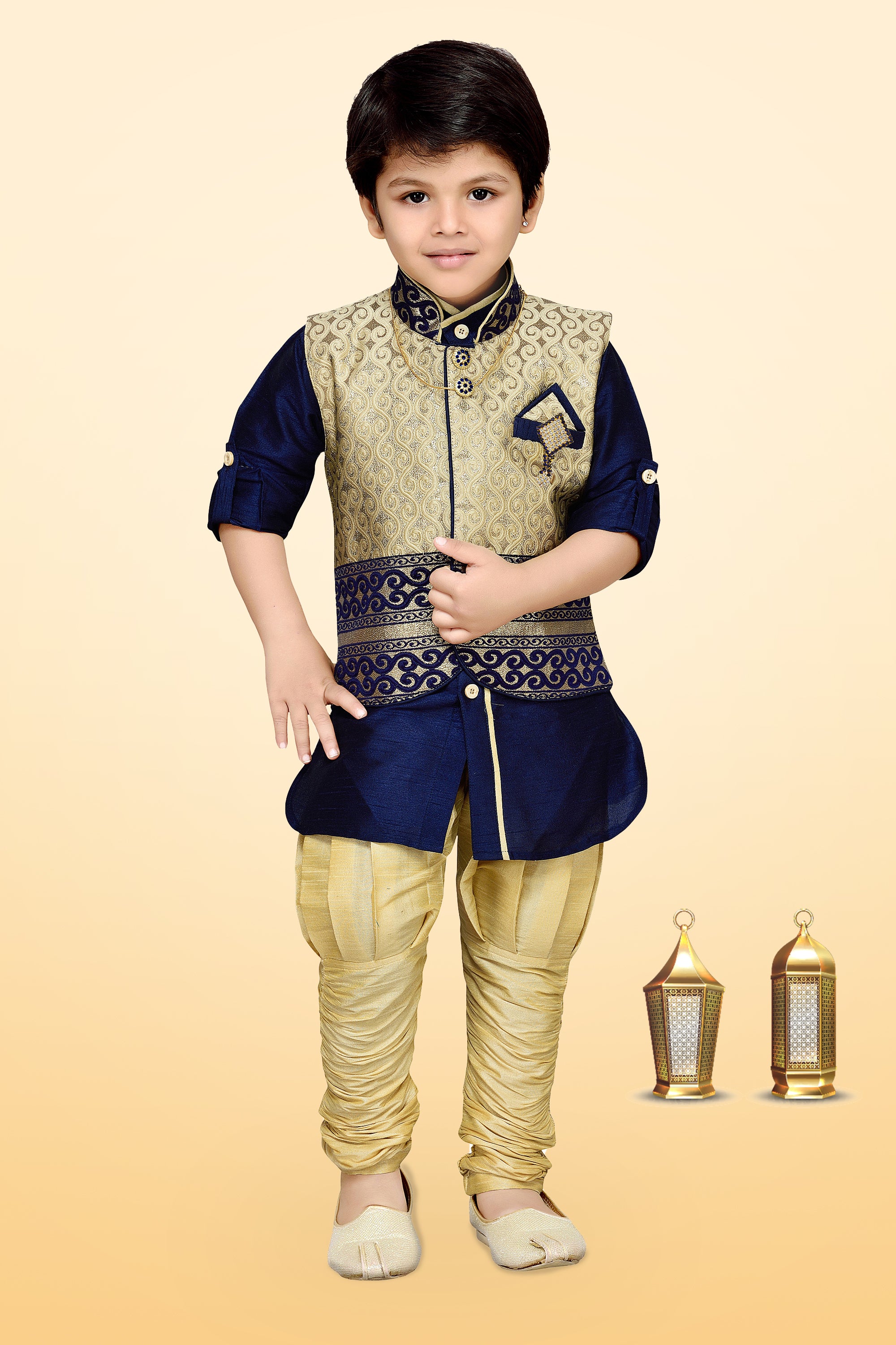 Cotton Silk Blue Kurta Pajama Waistcoat Set for Kids Boys